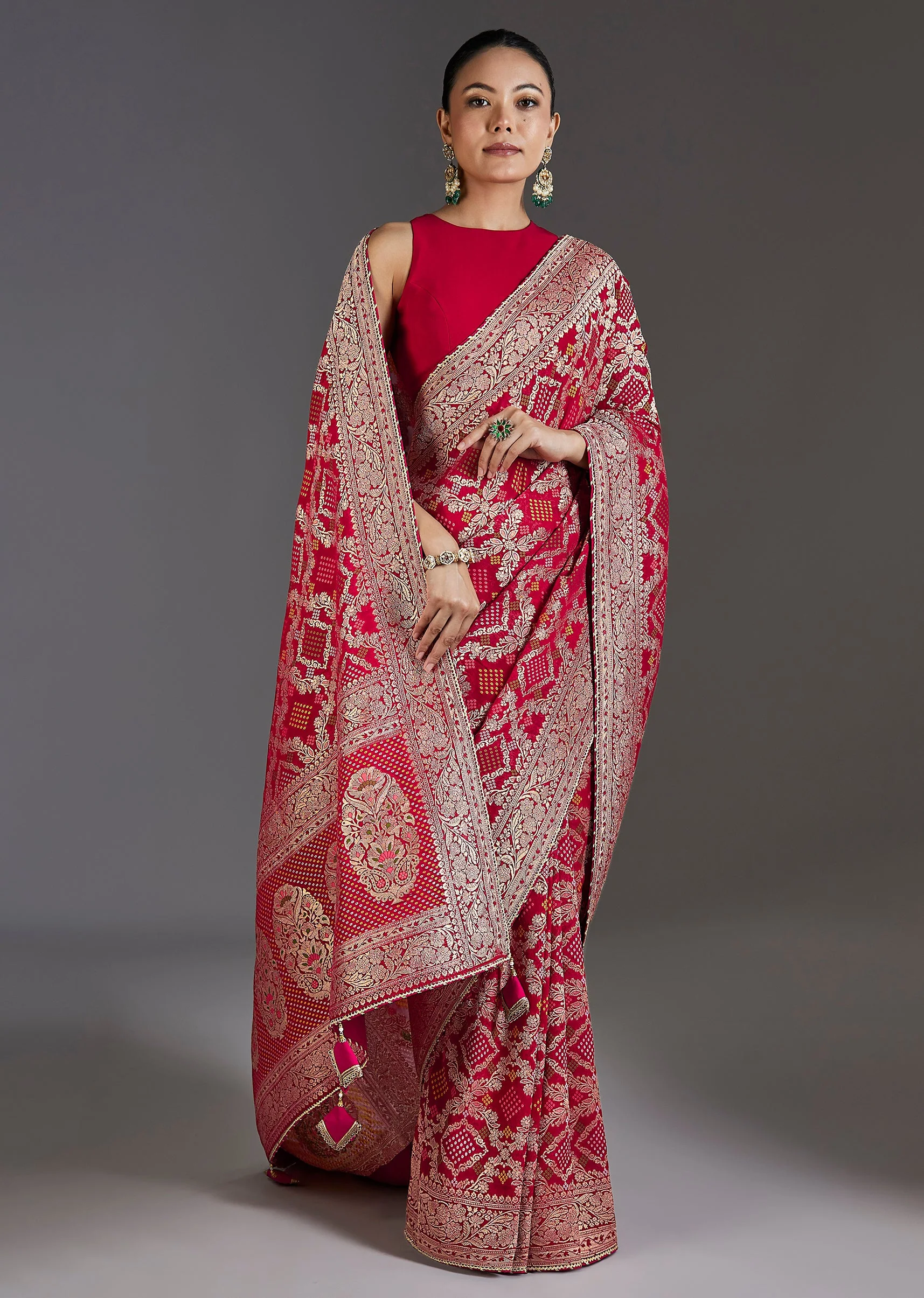 Red Khaddi Georgette Woven Bandhani Saree - Image 3