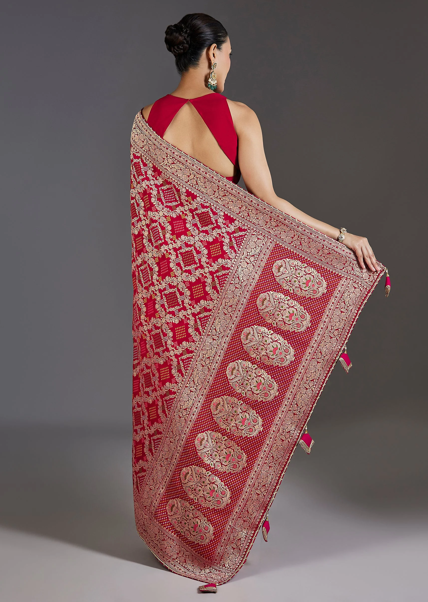 Red Khaddi Georgette Woven Bandhani Saree - Image 4