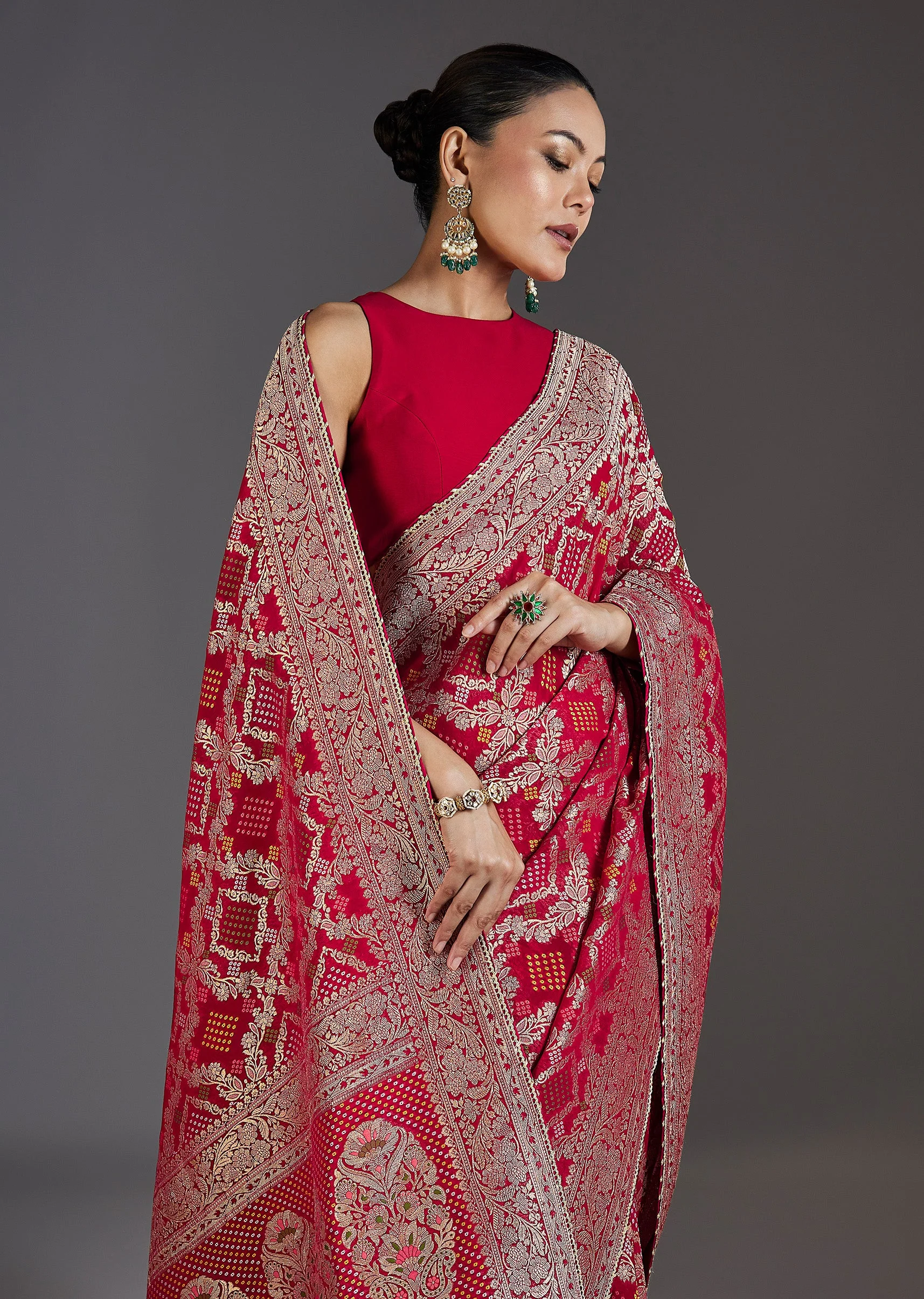 Red Khaddi Georgette Woven Bandhani Saree - Image 5