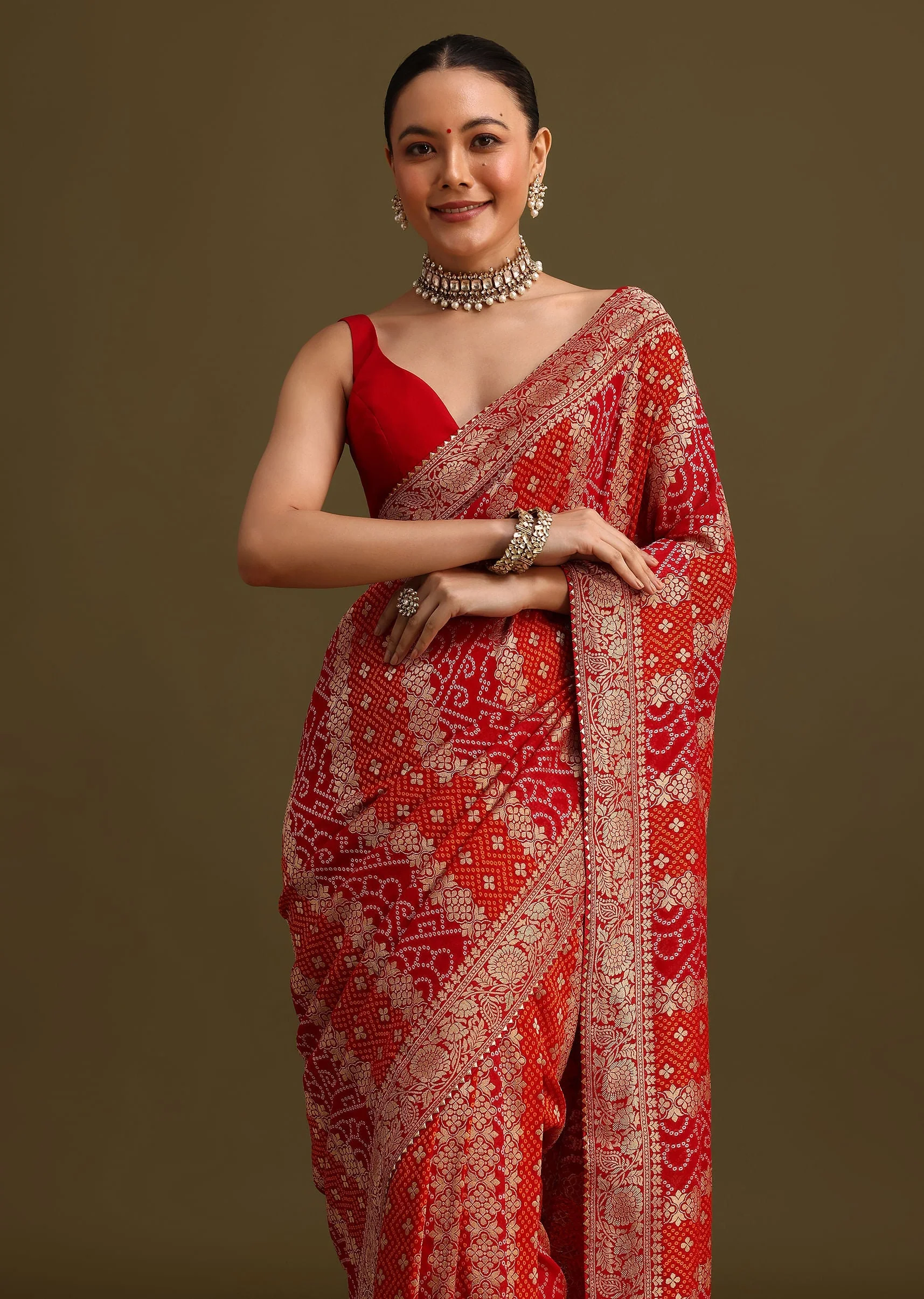 Red Khaddi Georgette Woven Saree With Gotta Patti Border - Image 4