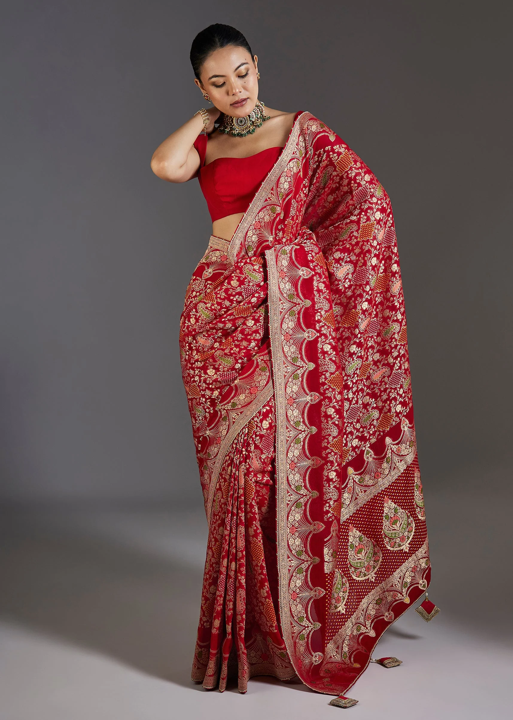 Red Khaddi Georgette Zari Jaal Saree