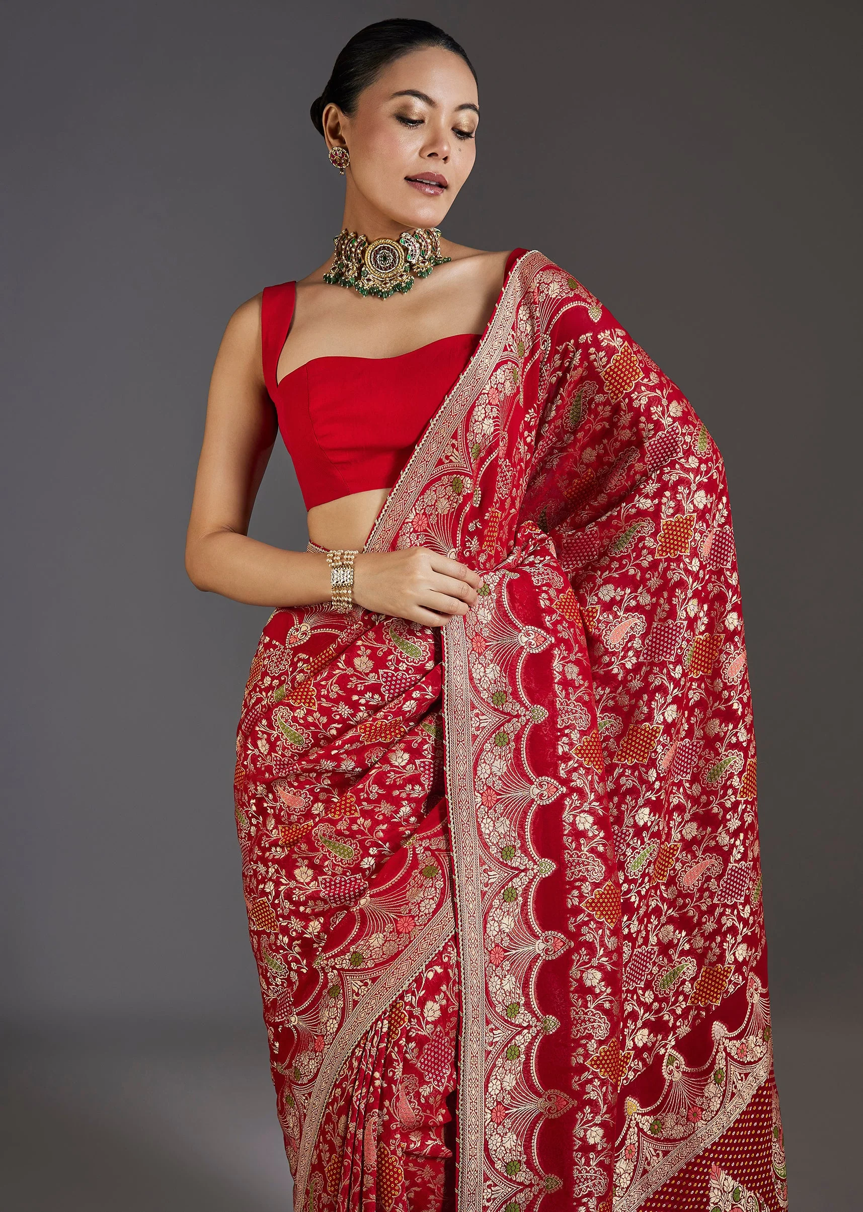 Red Khaddi Georgette Zari Jaal Saree - Image 5