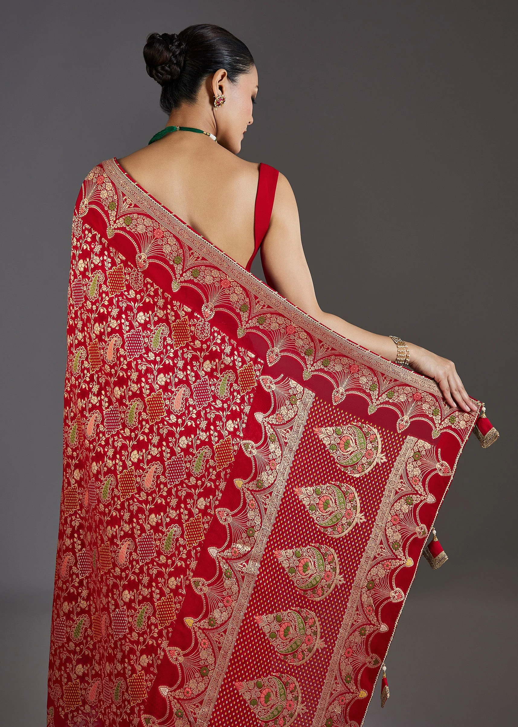 Red Khaddi Georgette Zari Jaal Saree - Image 6
