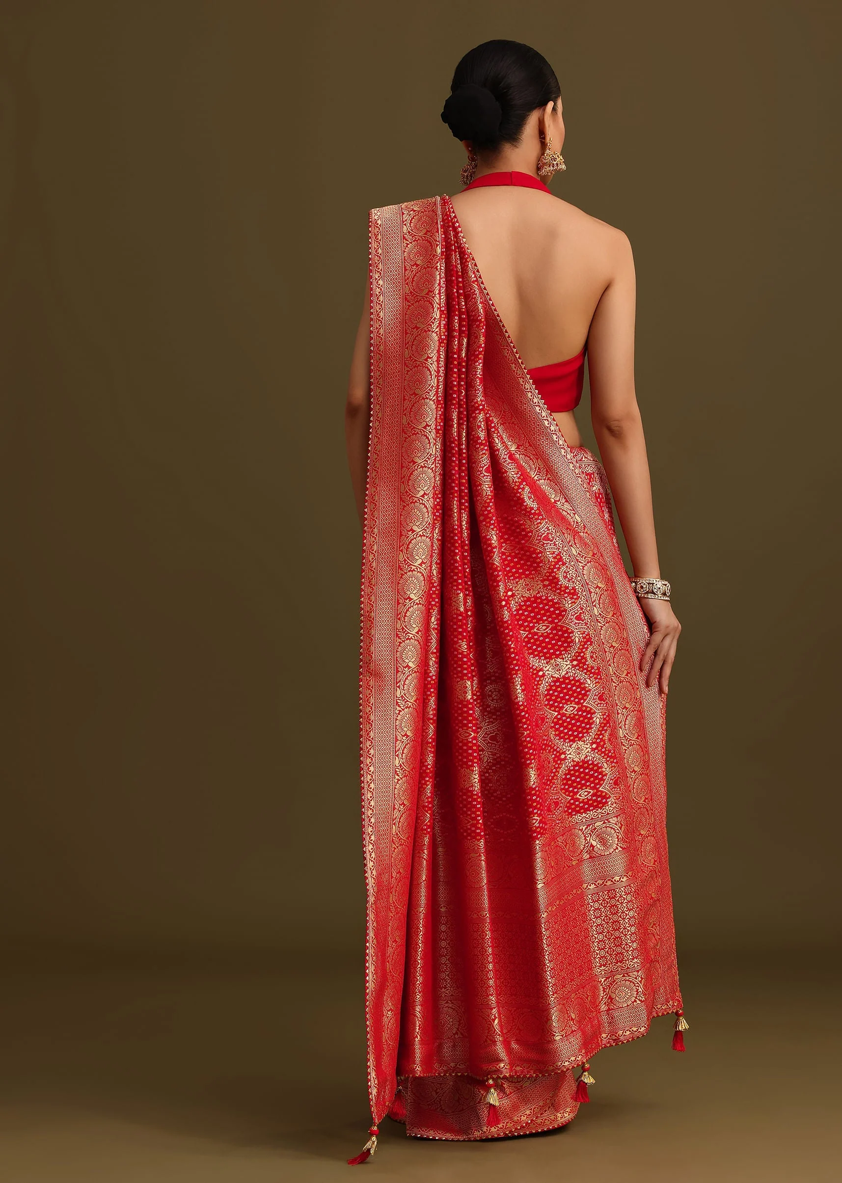 Red Khaddi Georgette Zari Weave Saree With Unstitched Blouse - Image 6