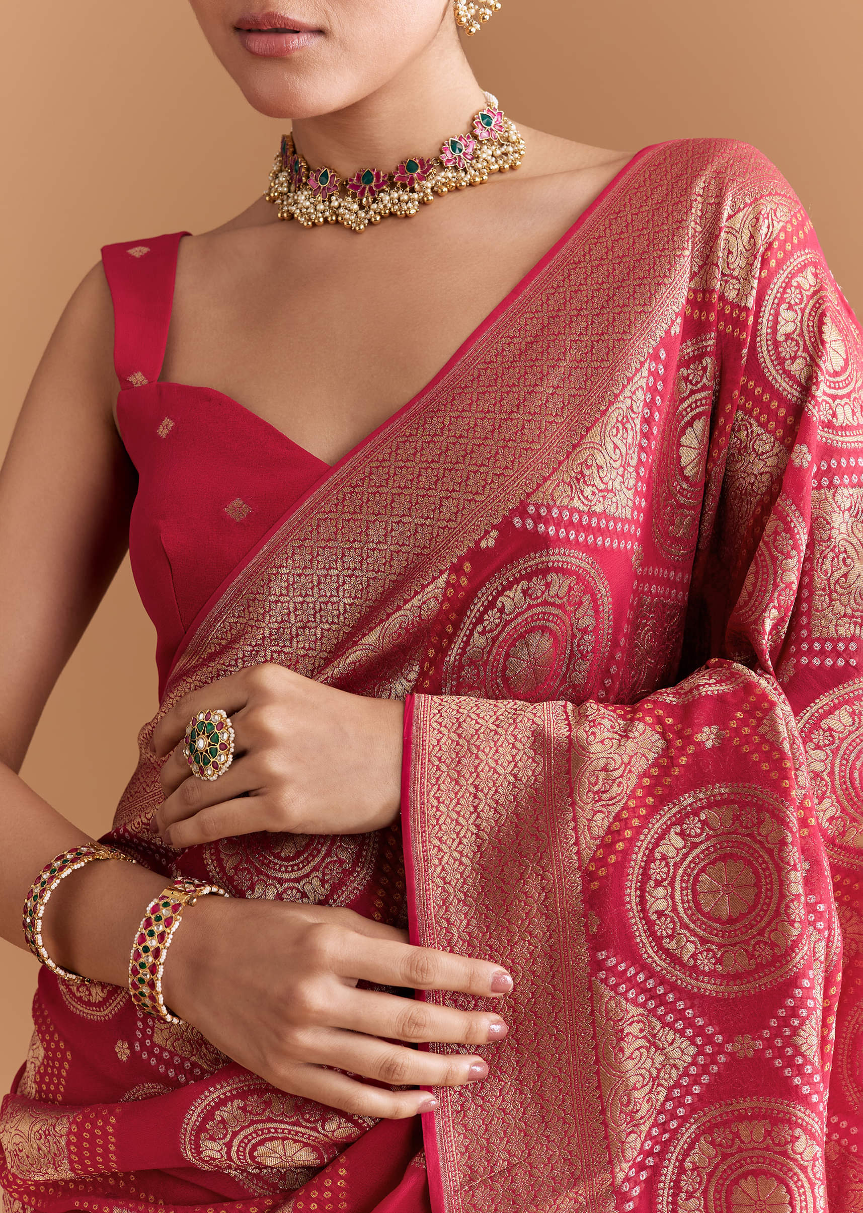 Red Khadhi Georgette Saree With Geometric Motifs In Zari Work - Image 2