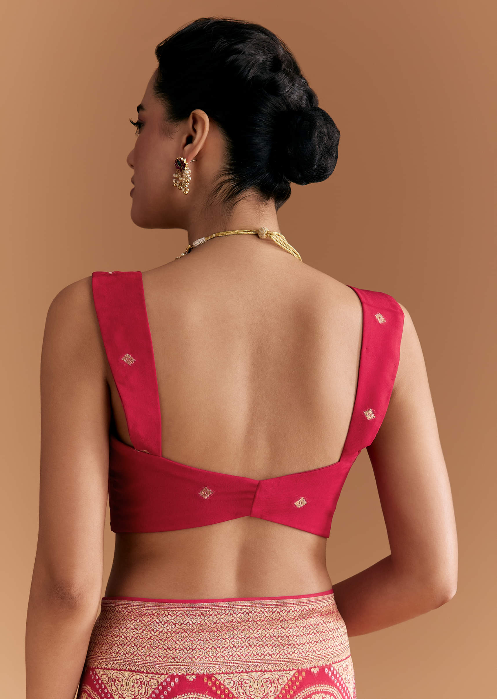 Red Khadhi Georgette Saree With Geometric Motifs In Zari Work - Image 8