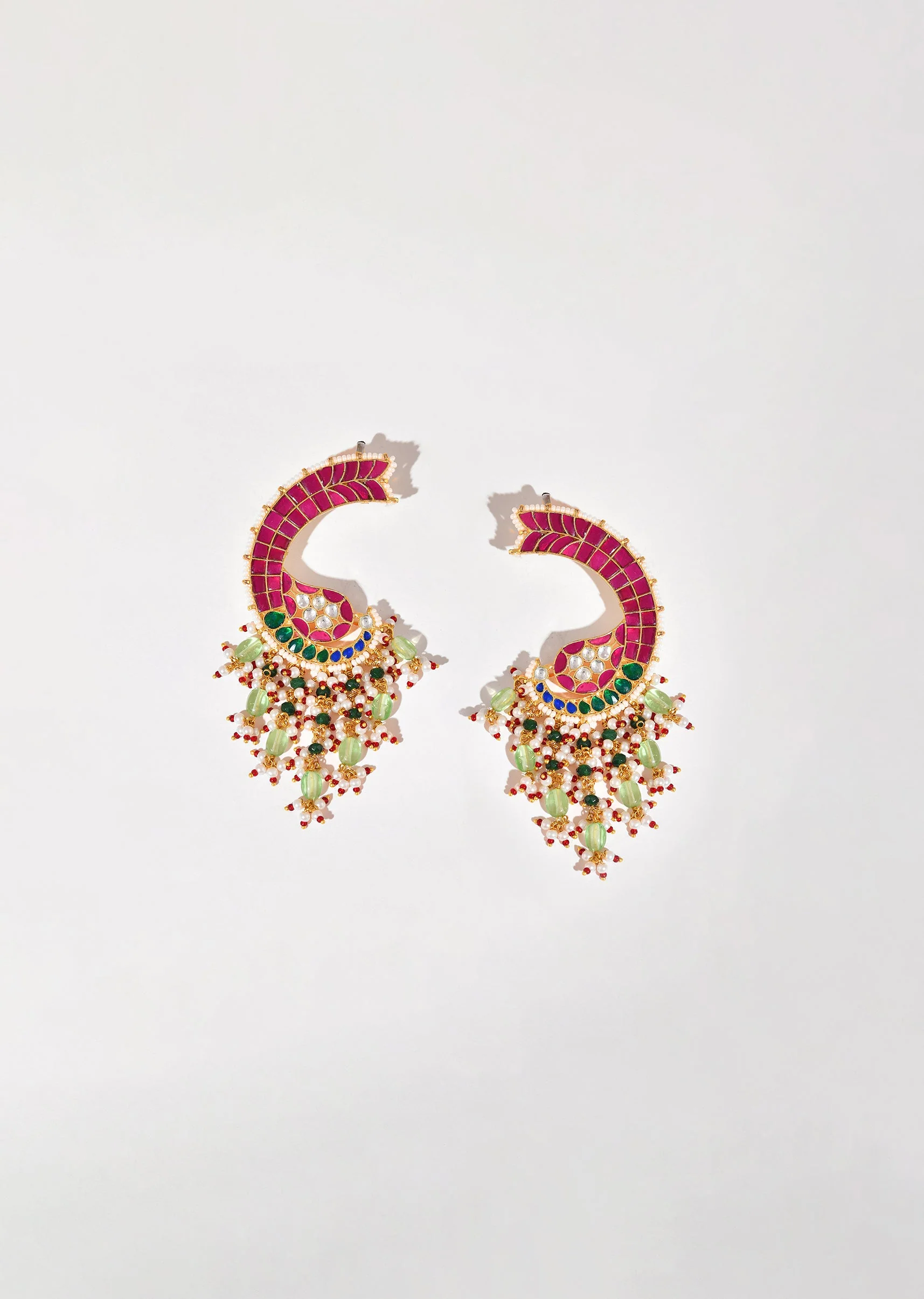 Red Kundan Ear Cuff Bead Drop Danglers - Image 2