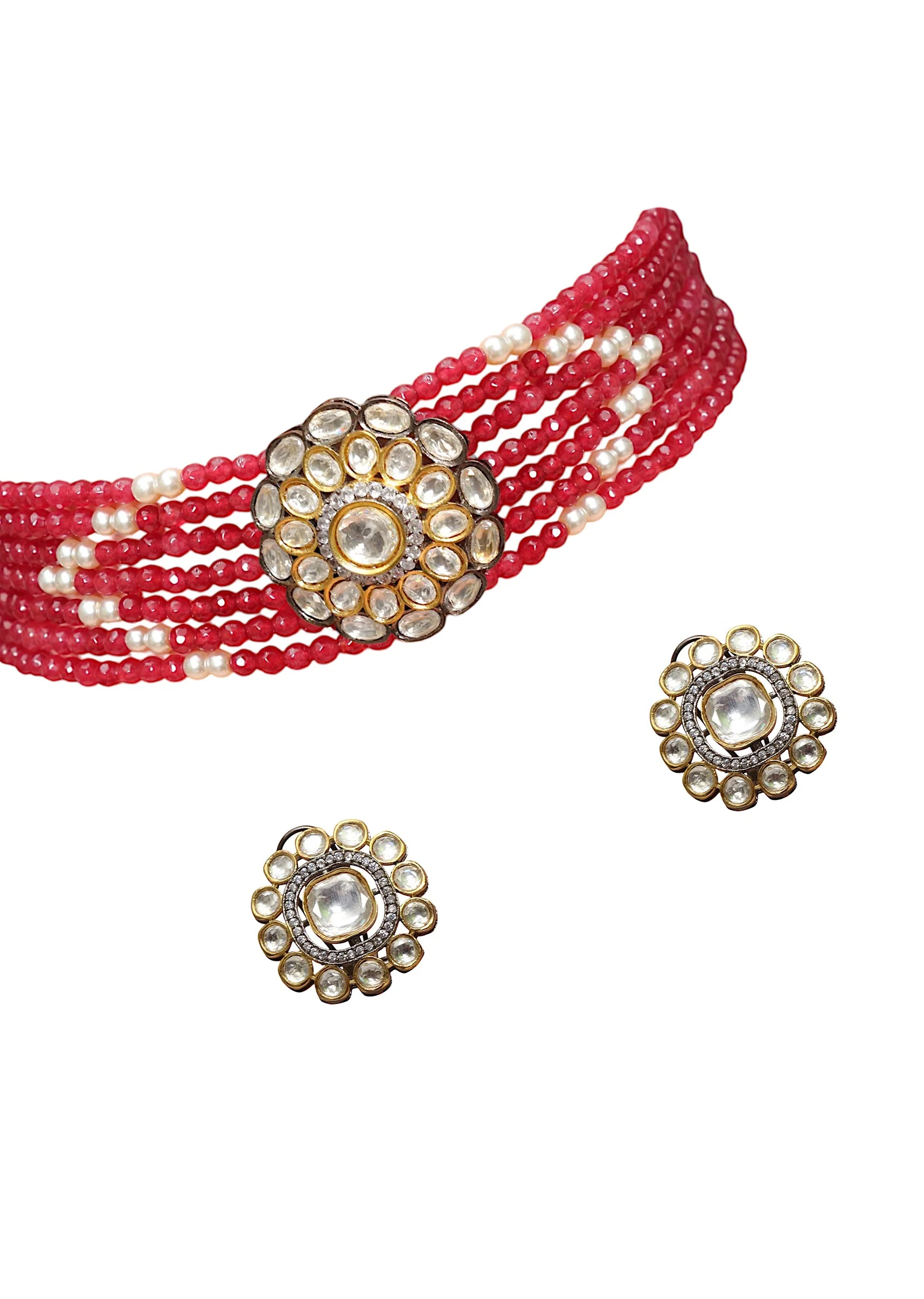 Red Kundan Encrusted Beaded Pendant Necklace Set - Image 3