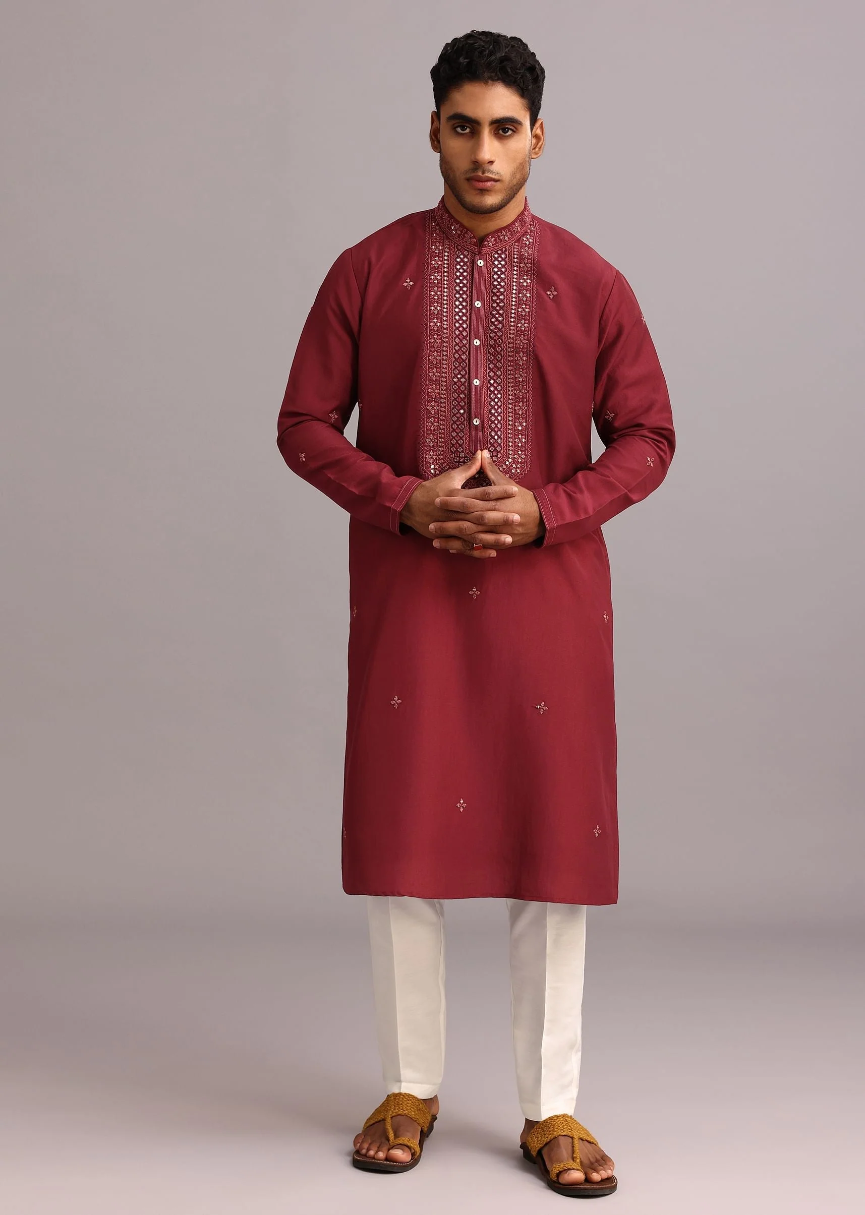 Red Kurta Pant Set In Silk With Mirror Work - Image 2
