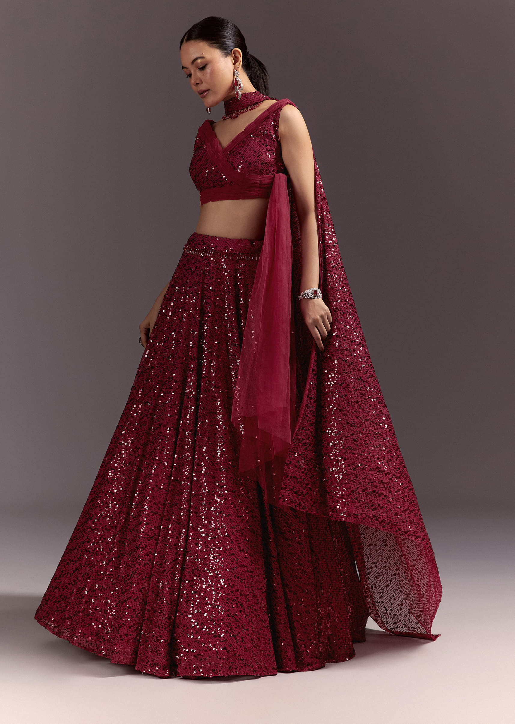 Red Lehenga Set With Embellished Dupatta And Tassels - Image 3