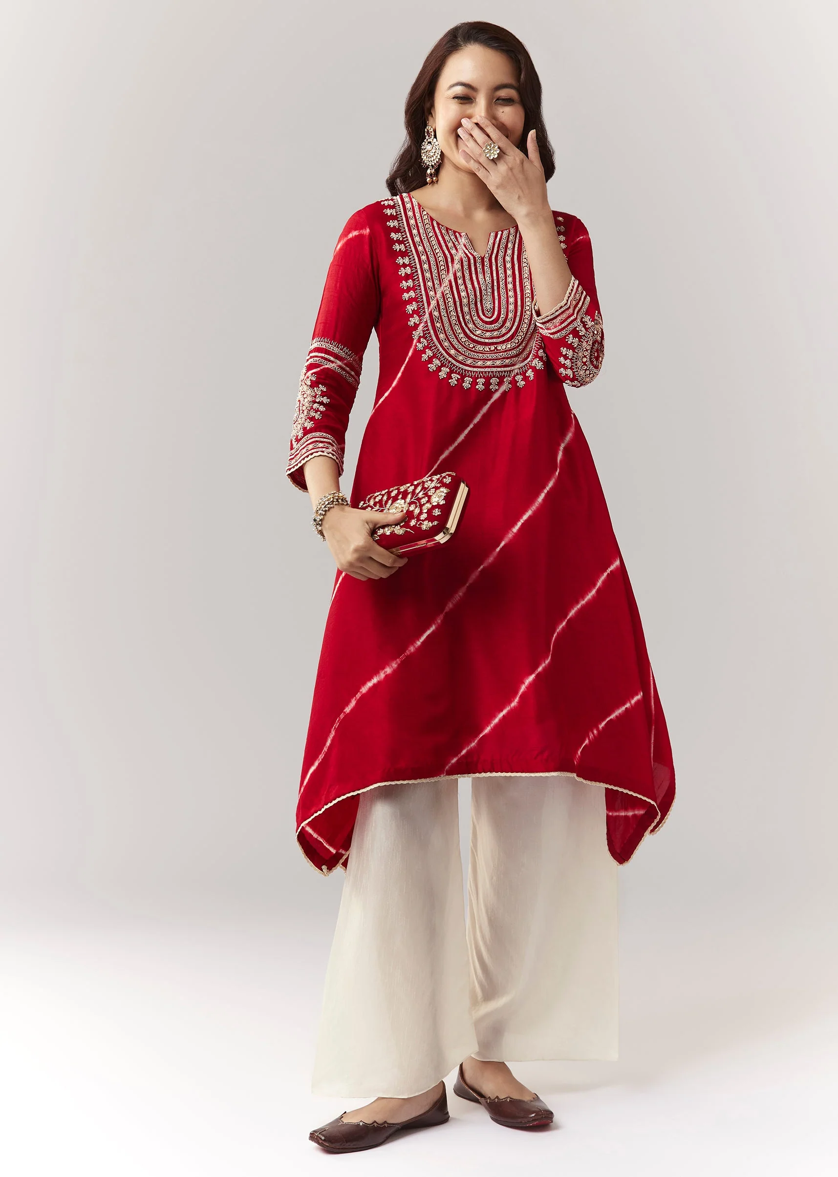 Red Leheriya A Line Kurta Palazzo Set With Zardosi And Moti Work