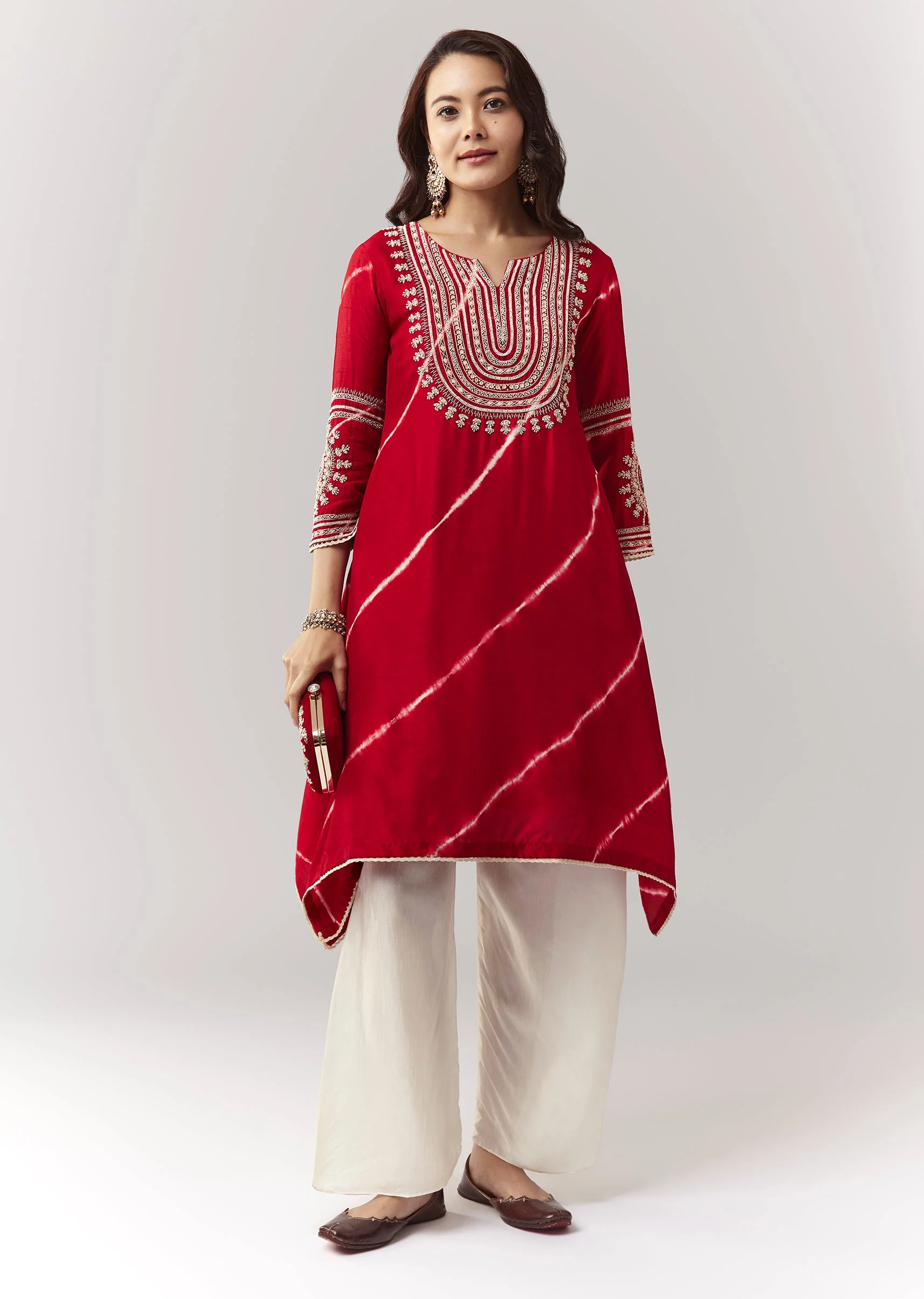 Red Leheriya A Line Kurta Palazzo Set With Zardosi And Moti Work - Image 3