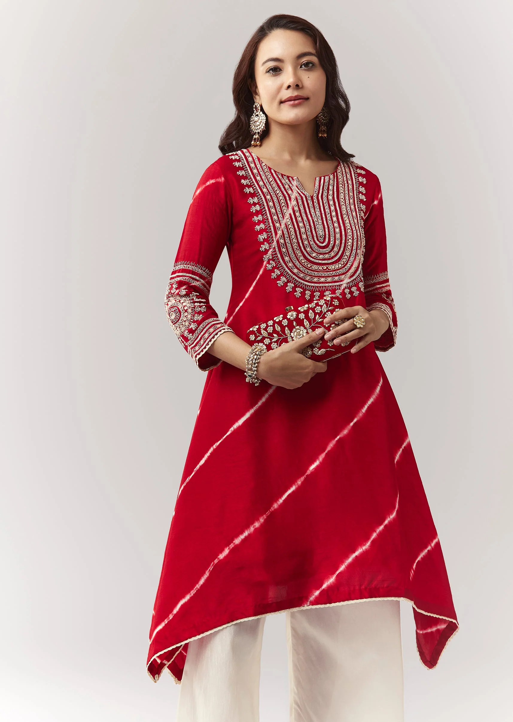 Red Leheriya A Line Kurta Palazzo Set With Zardosi And Moti Work - Image 4
