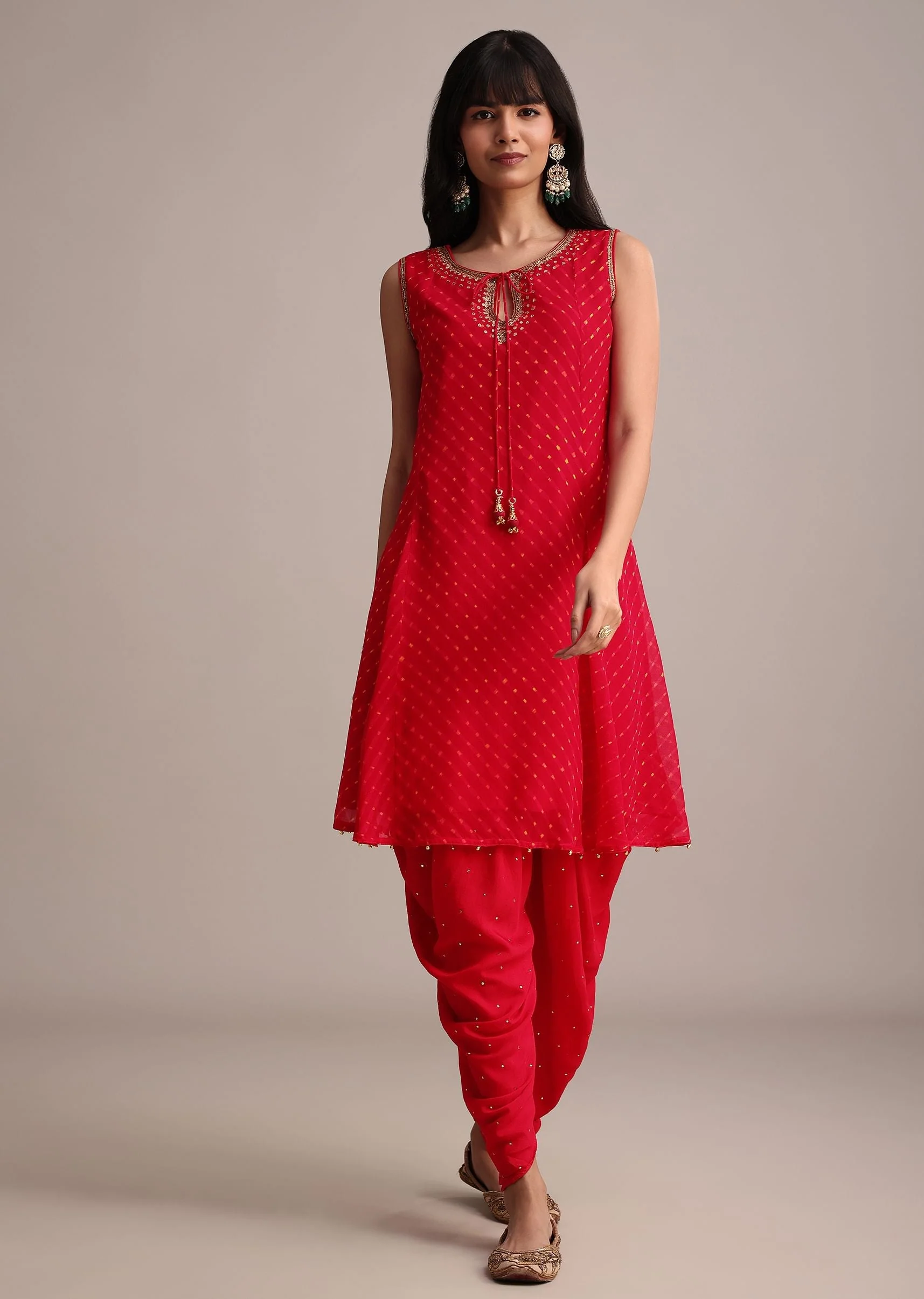 Red Leheriya Printed Kurta Dhoti Set - Image 3
