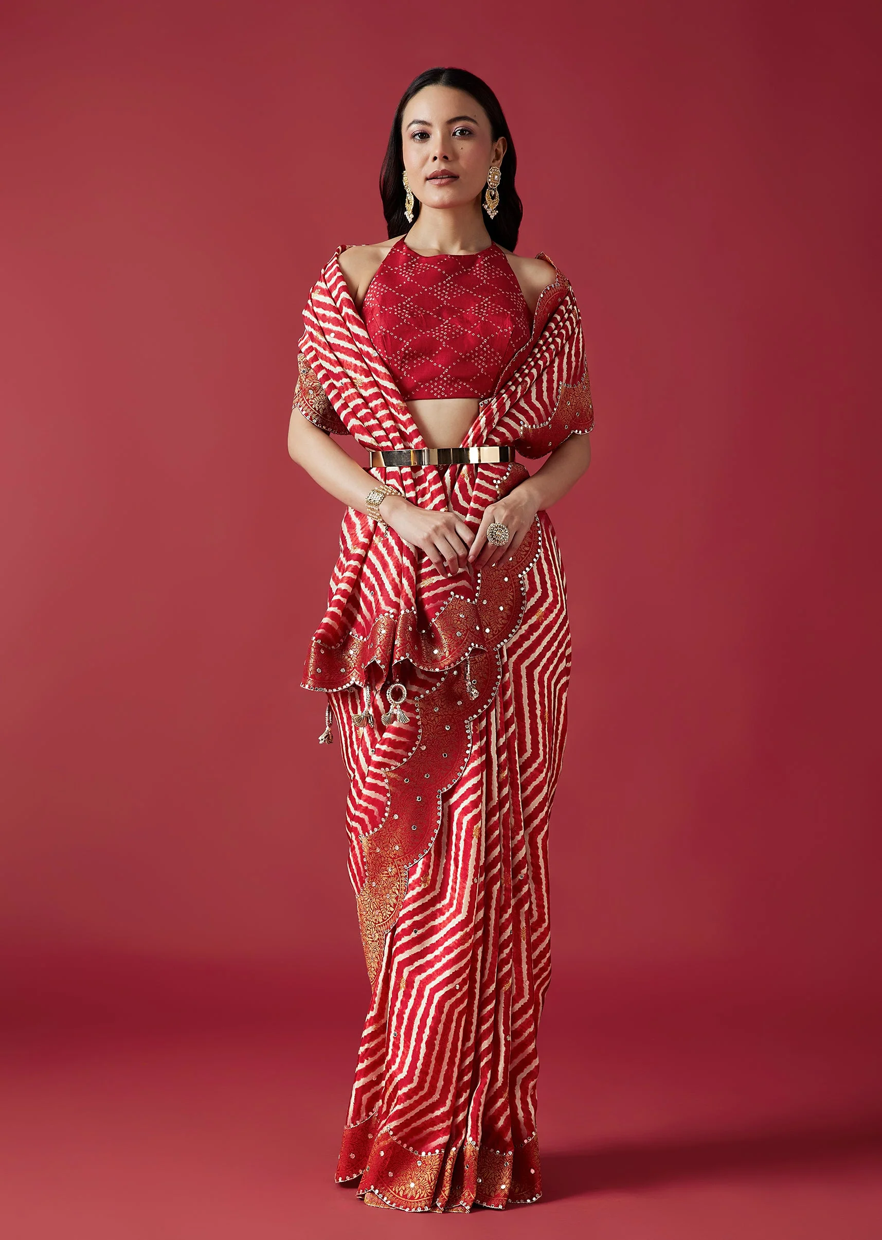 Red Leheriya Printed Saree With Mirror Work Border