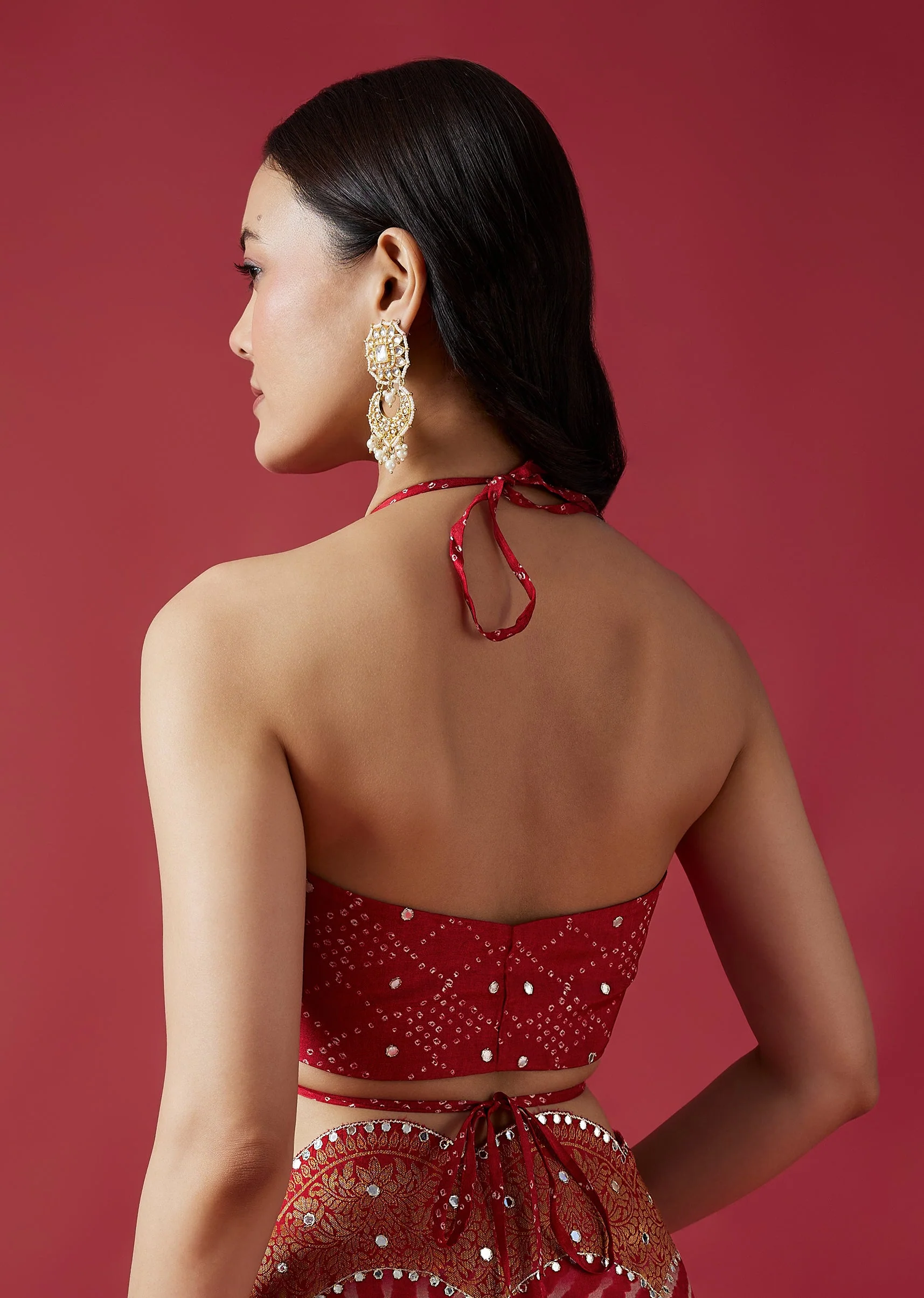 Red Leheriya Printed Saree With Mirror Work Border - Image 8
