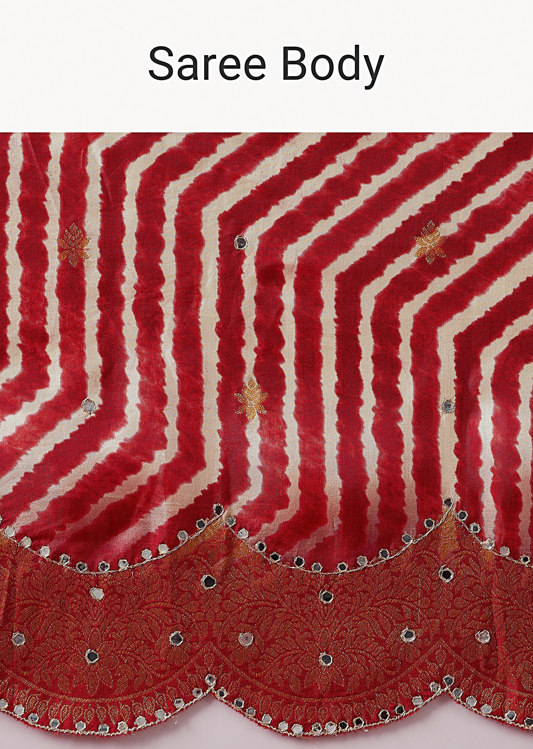 Red Leheriya Printed Saree With Mirror Work Border - Image 9