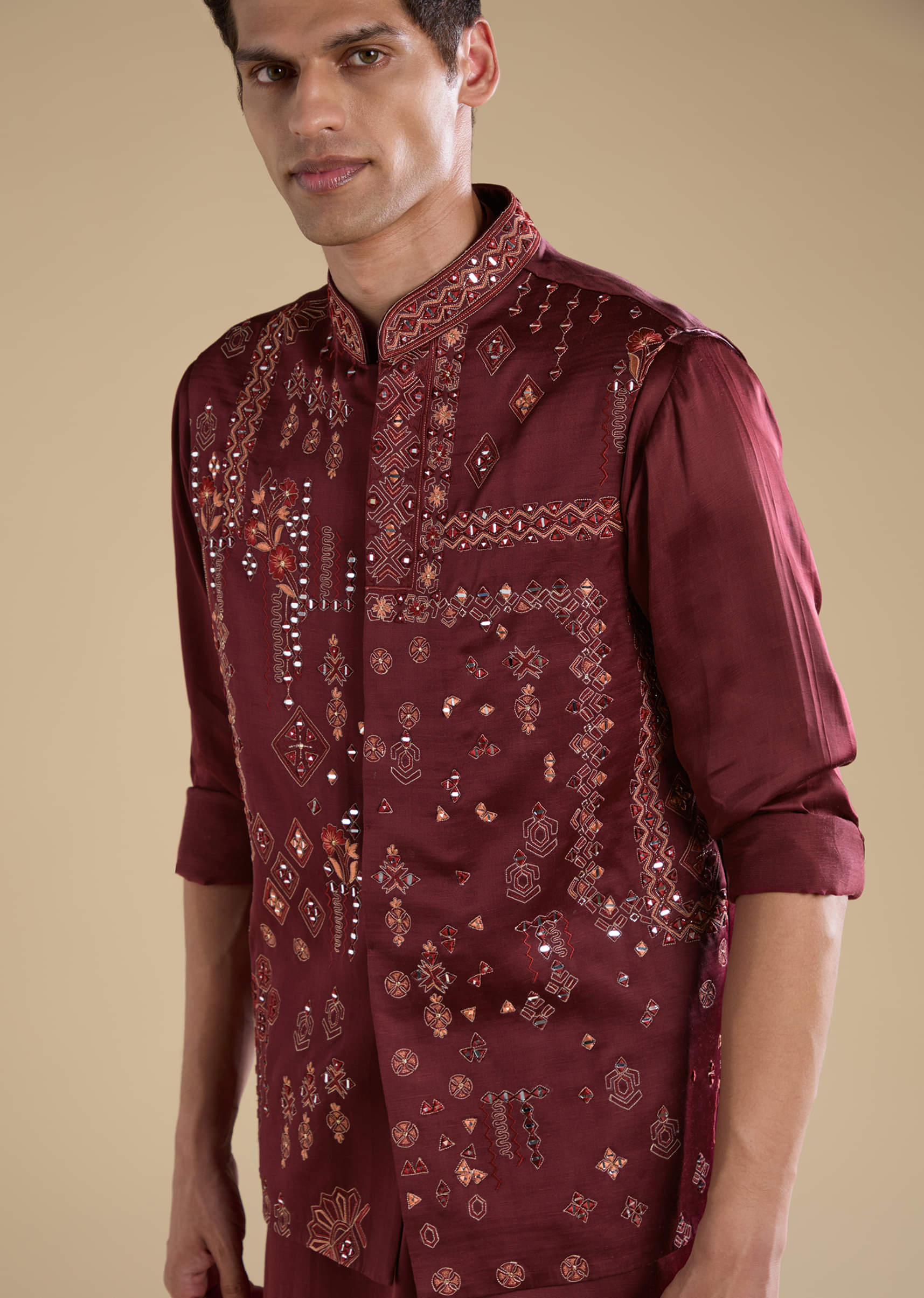 Red Linen Jacket Kurta Set with Resham Work - Image 2