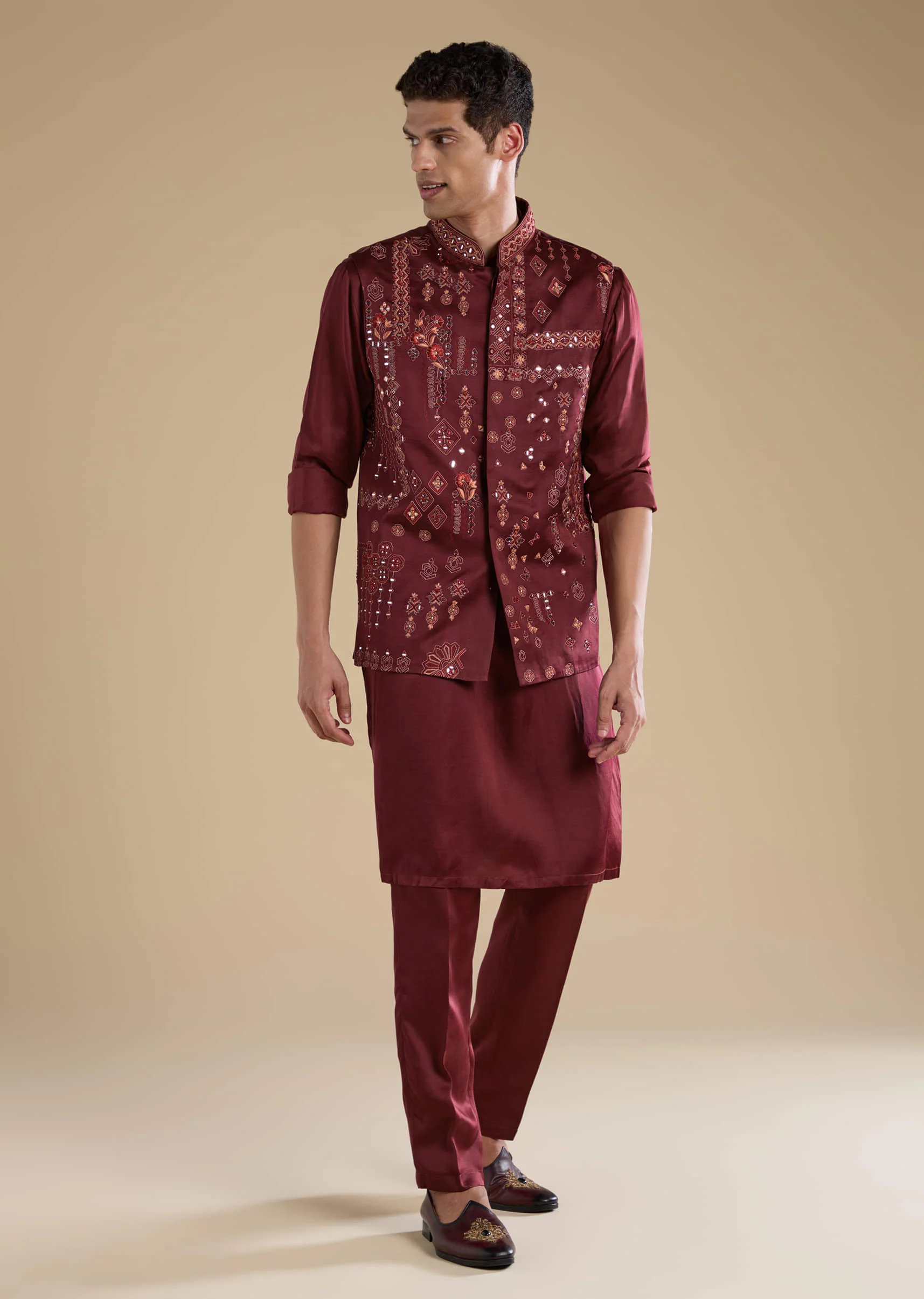 Red Linen Jacket Kurta Set with Resham Work - Image 3