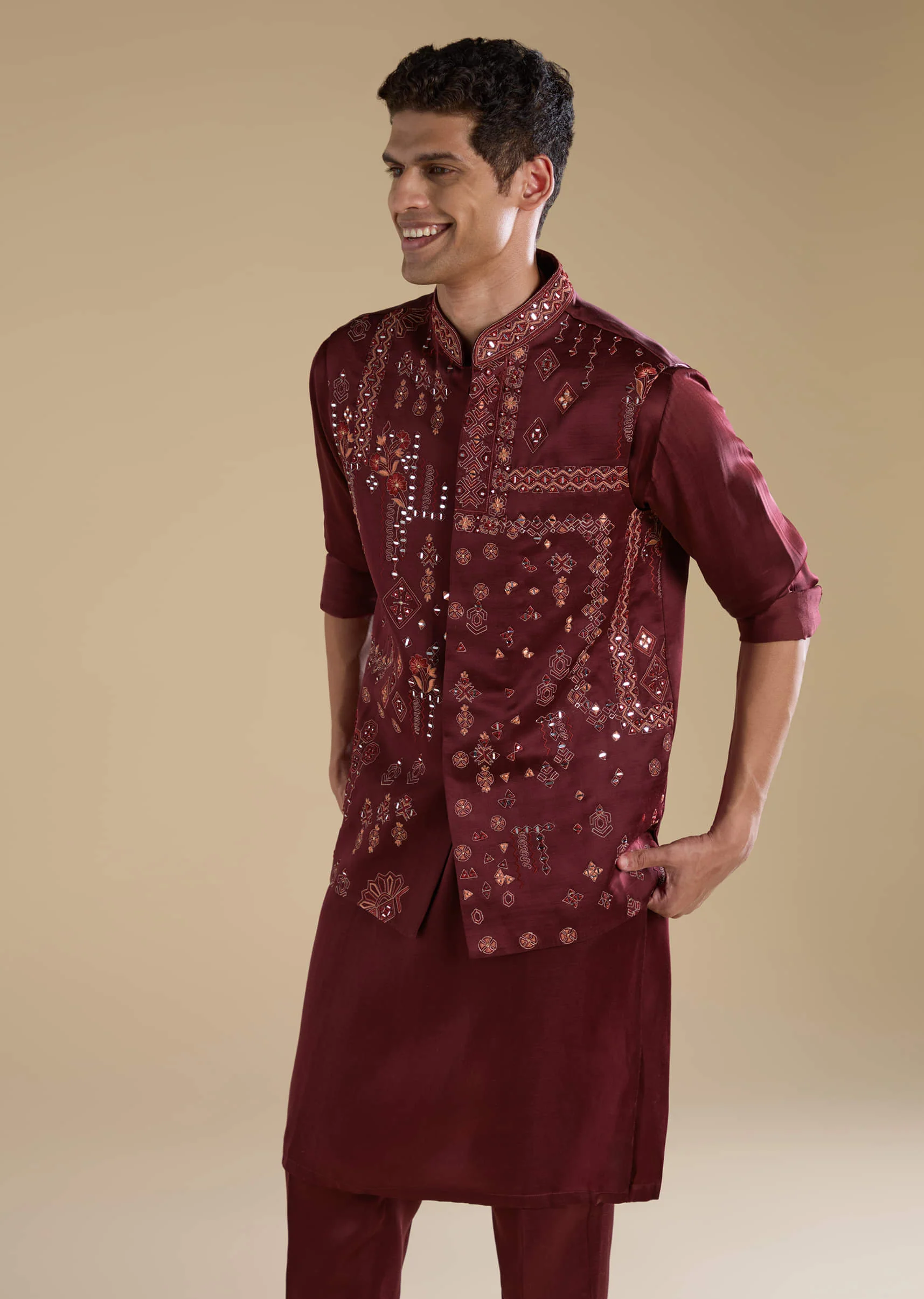 Red Linen Jacket Kurta Set with Resham Work - Image 4