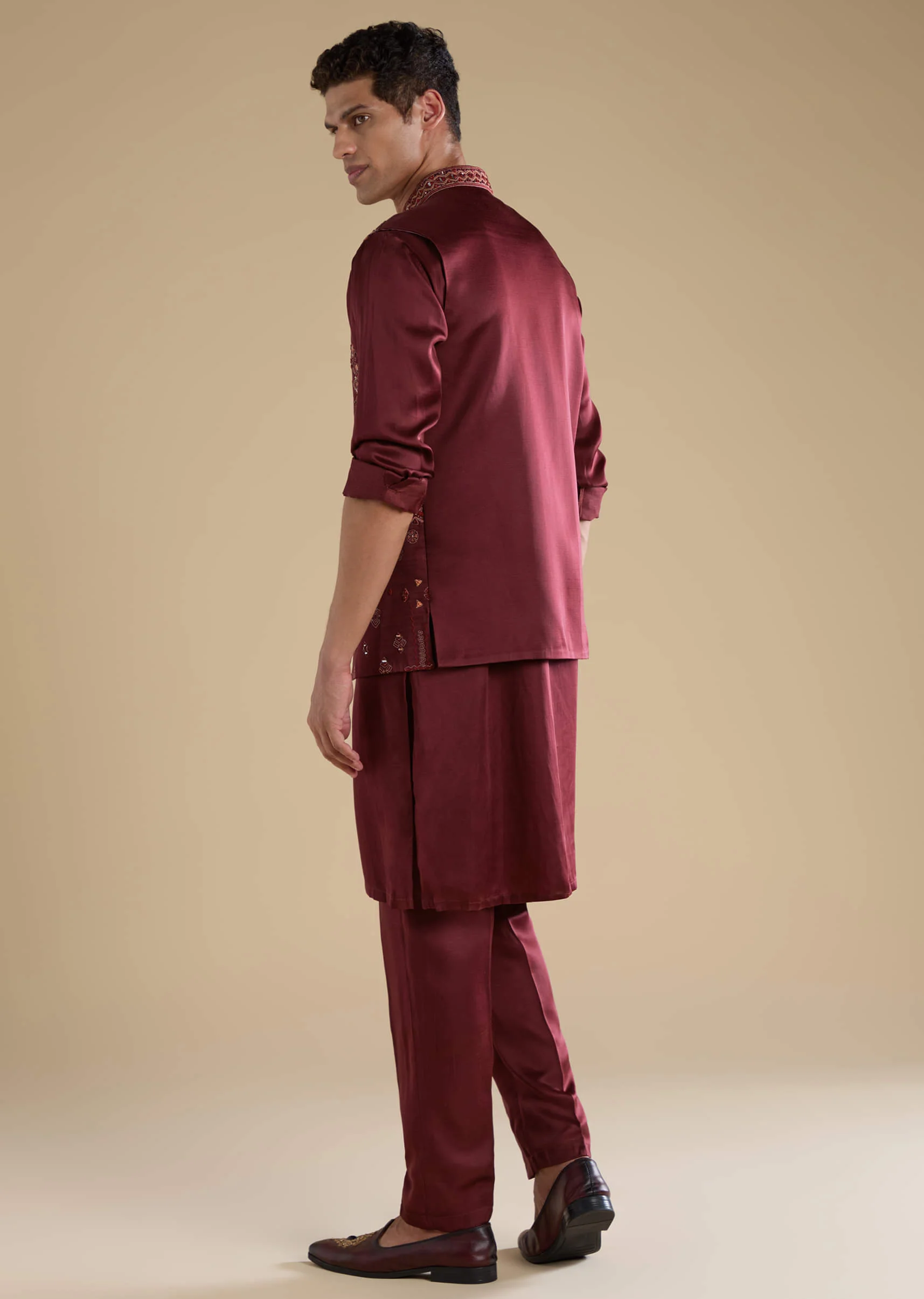 Red Linen Jacket Kurta Set with Resham Work - Image 5