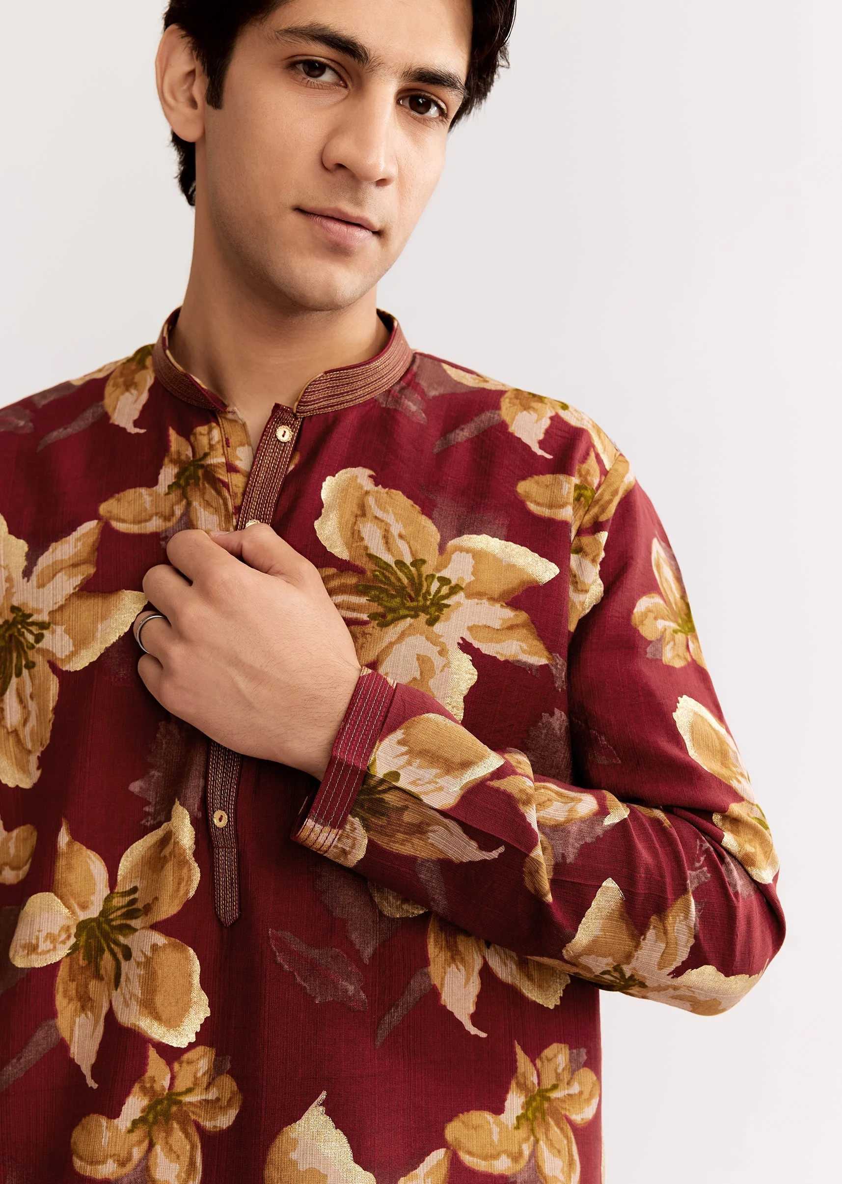 Red Maroon Silk Kurta Set With Floral Print - Image 3