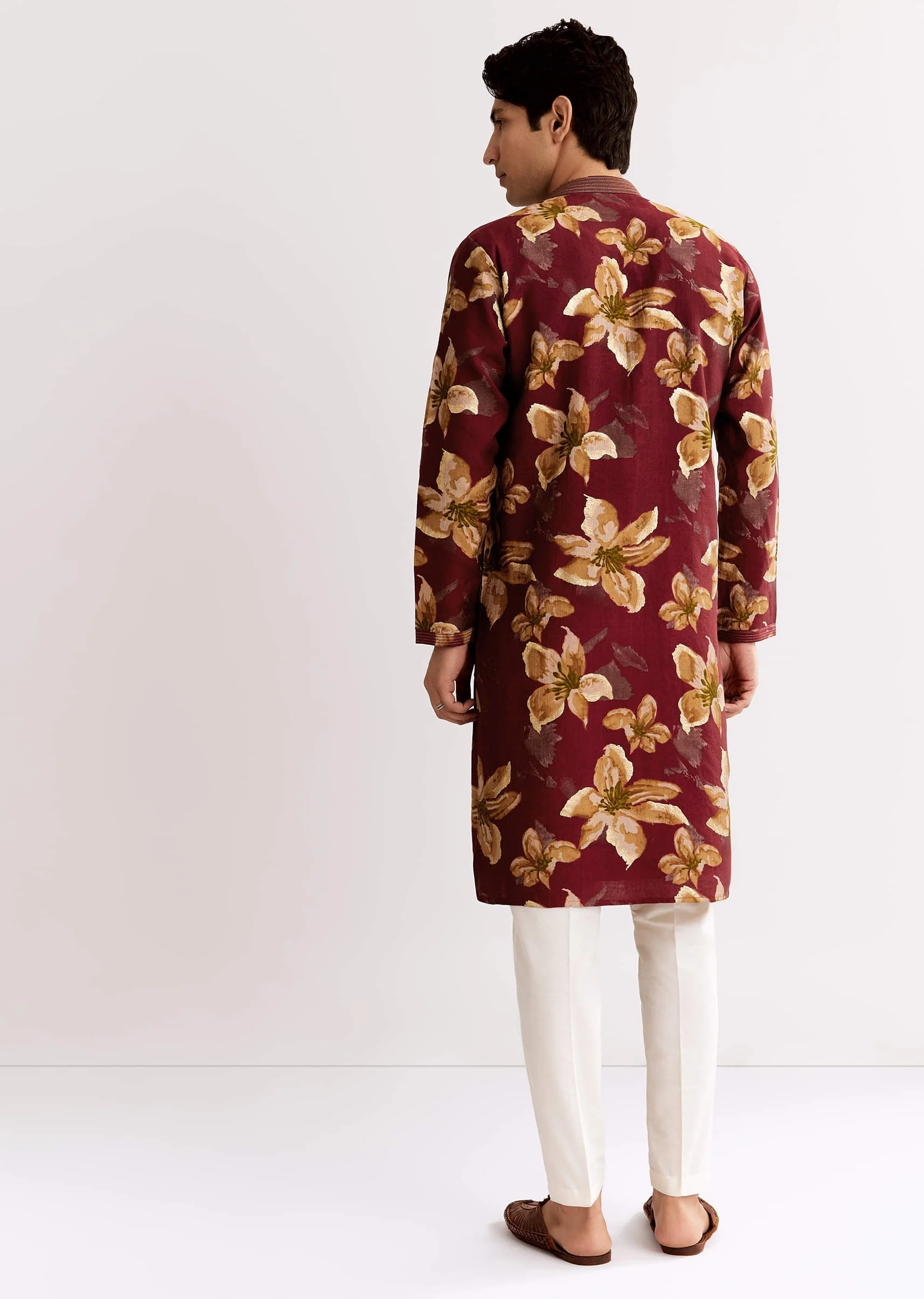 Red Maroon Silk Kurta Set With Floral Print - Image 5