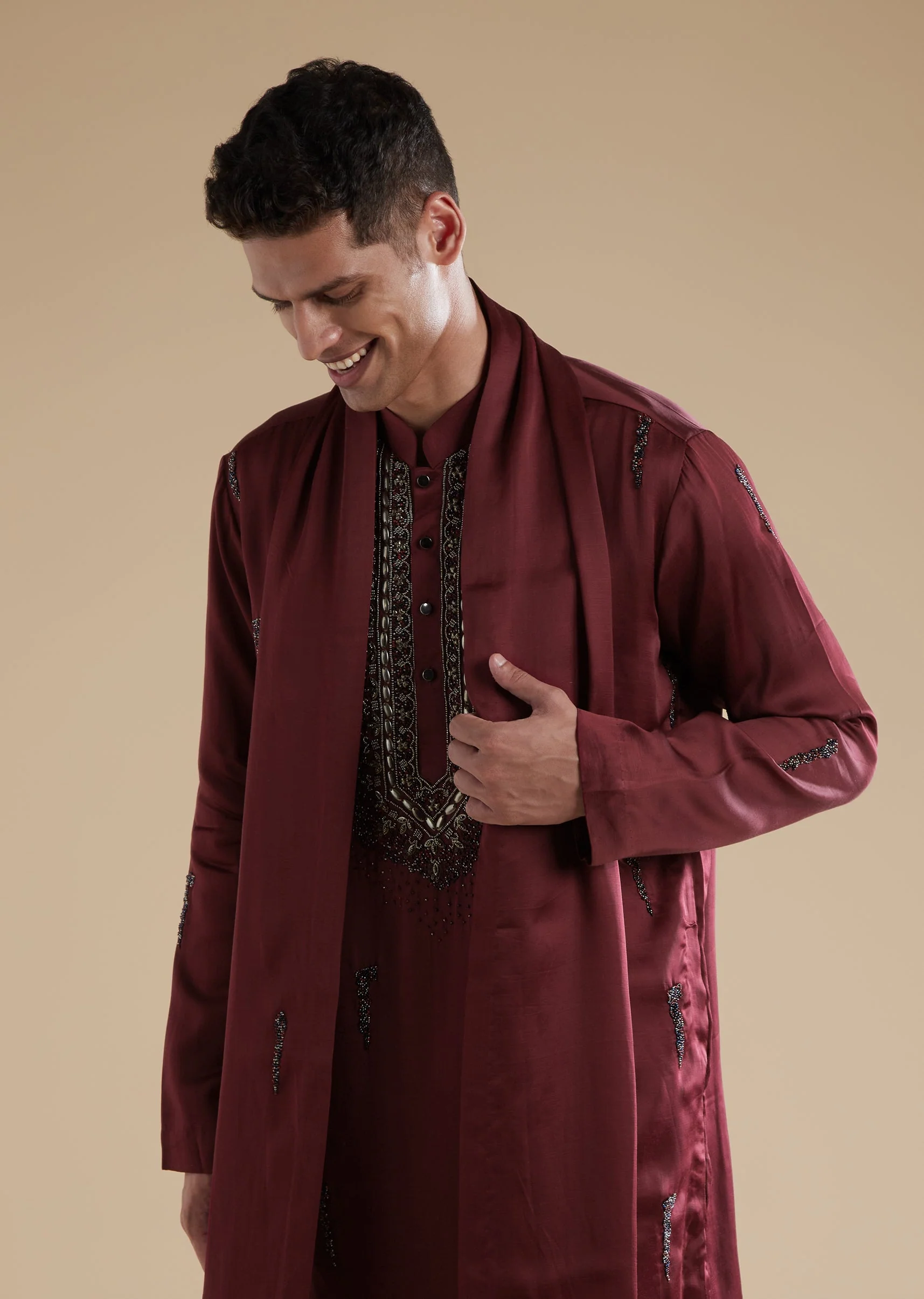 Red Maroon Silk Kurta Set With Metal Stone Detail - Image 2