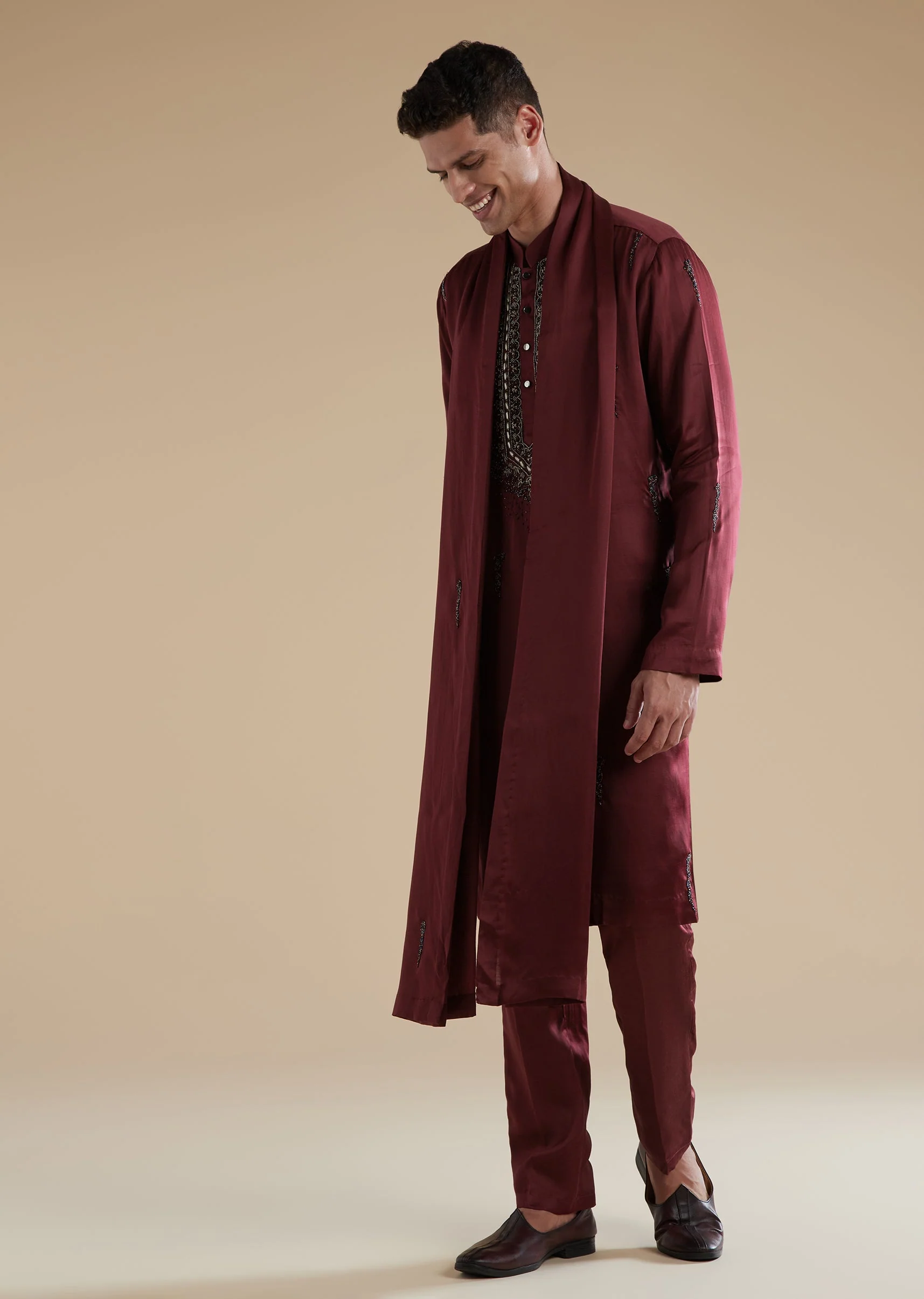Red Maroon Silk Kurta Set With Metal Stone Detail - Image 3