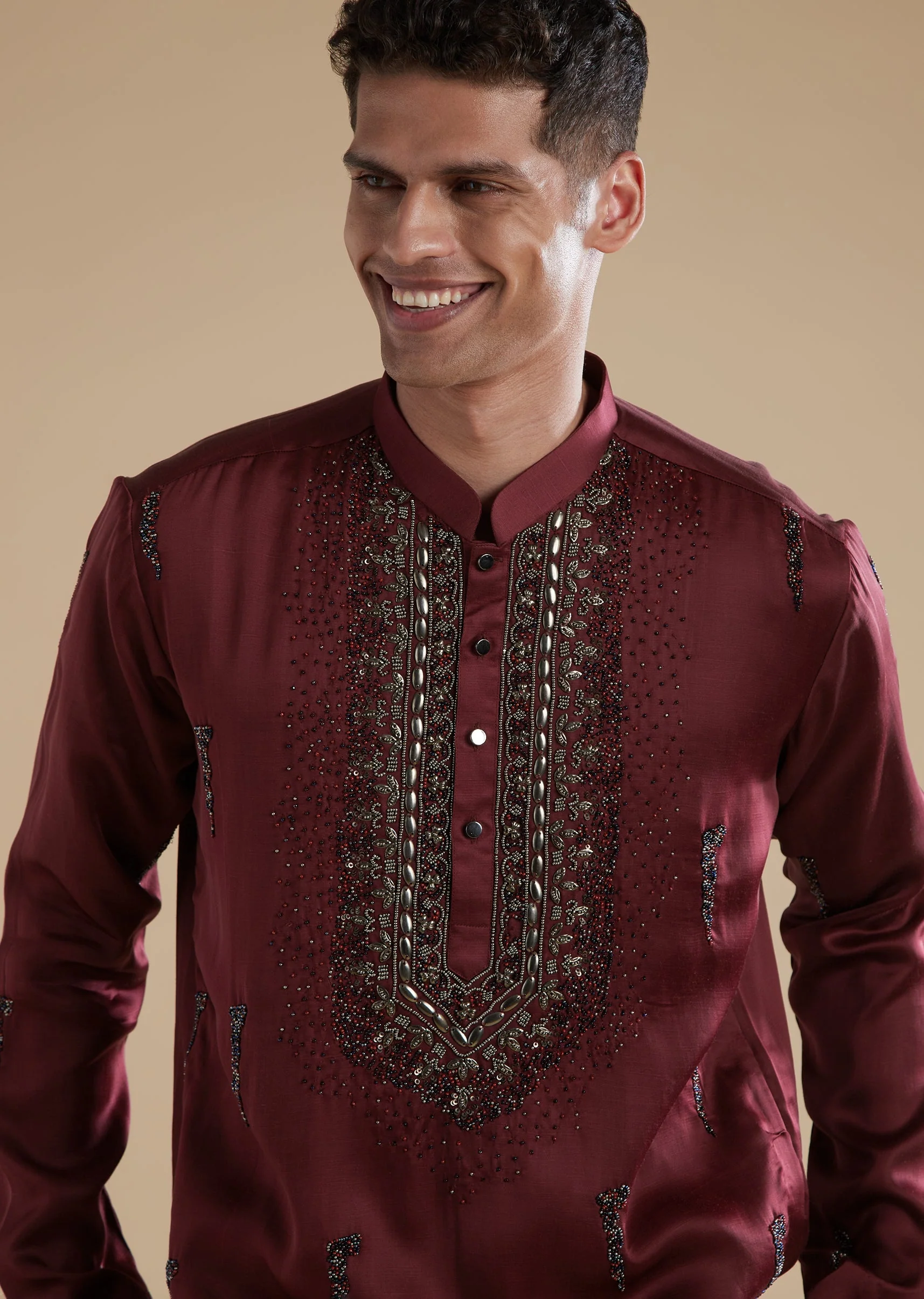 Red Maroon Silk Kurta Set With Metal Stone Detail - Image 4