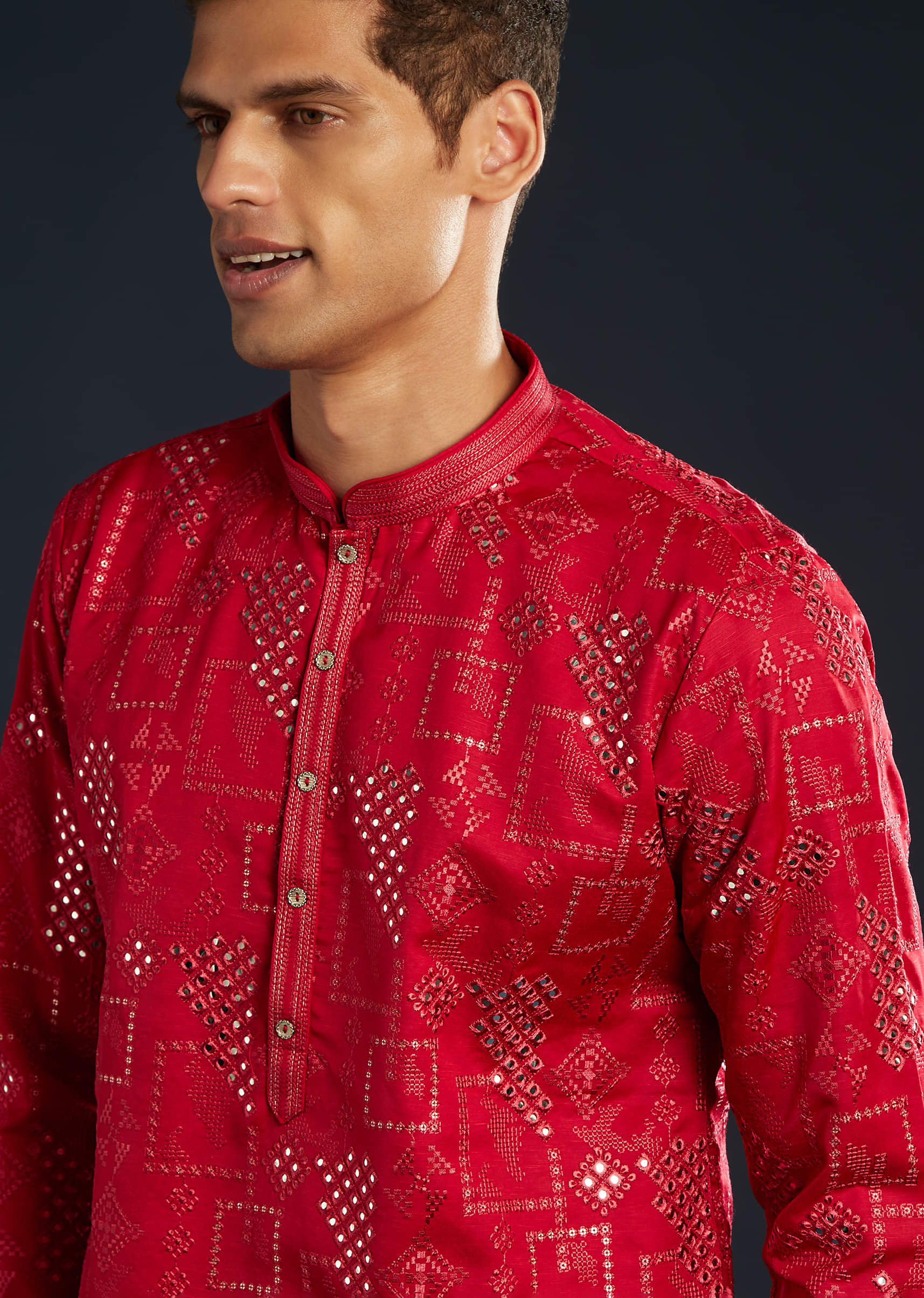 Red Mens Silk Abla Work Kurta Set - Image 2