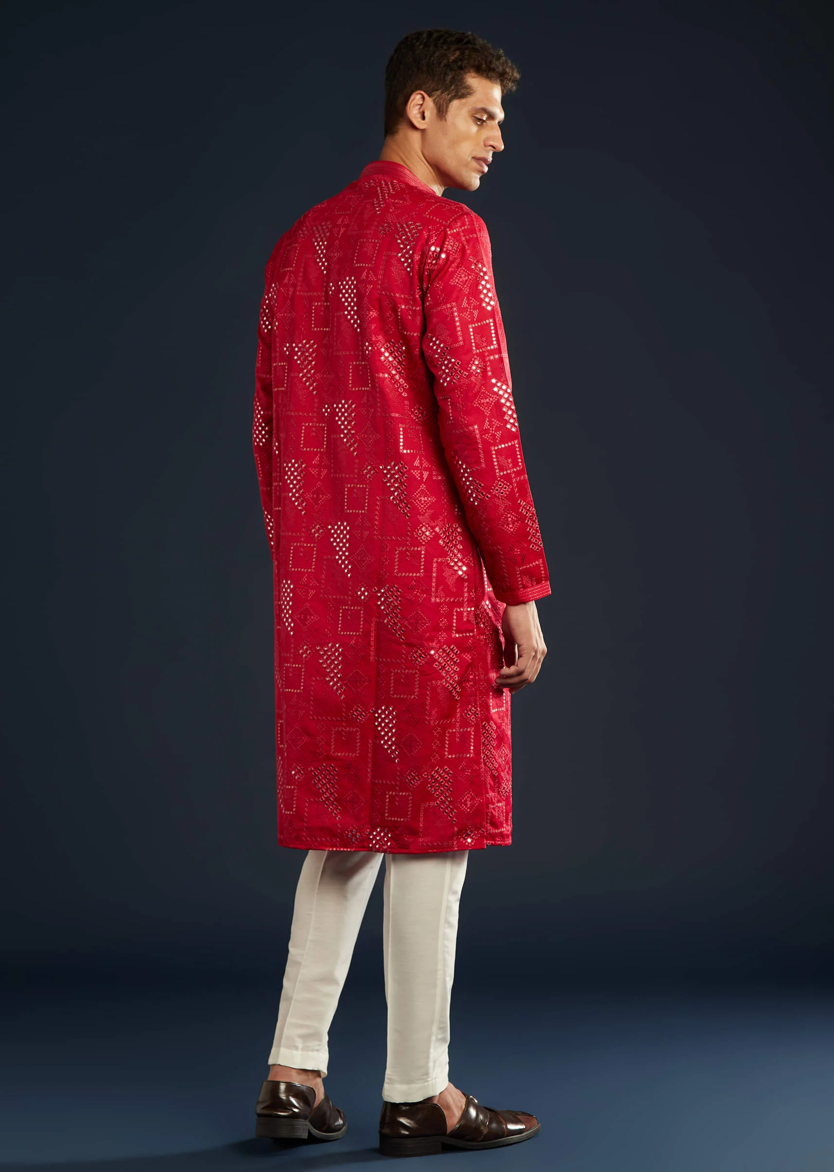 Red Mens Silk Abla Work Kurta Set - Image 3