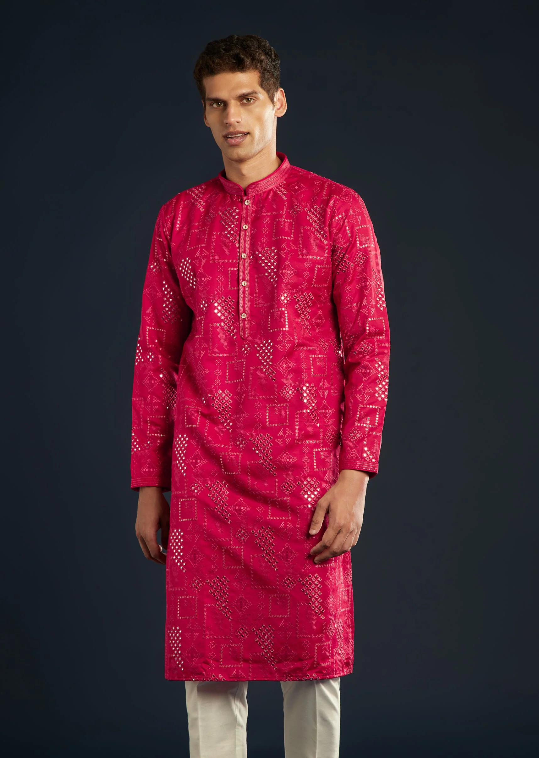 Red Mens Silk Abla Work Kurta Set - Image 4