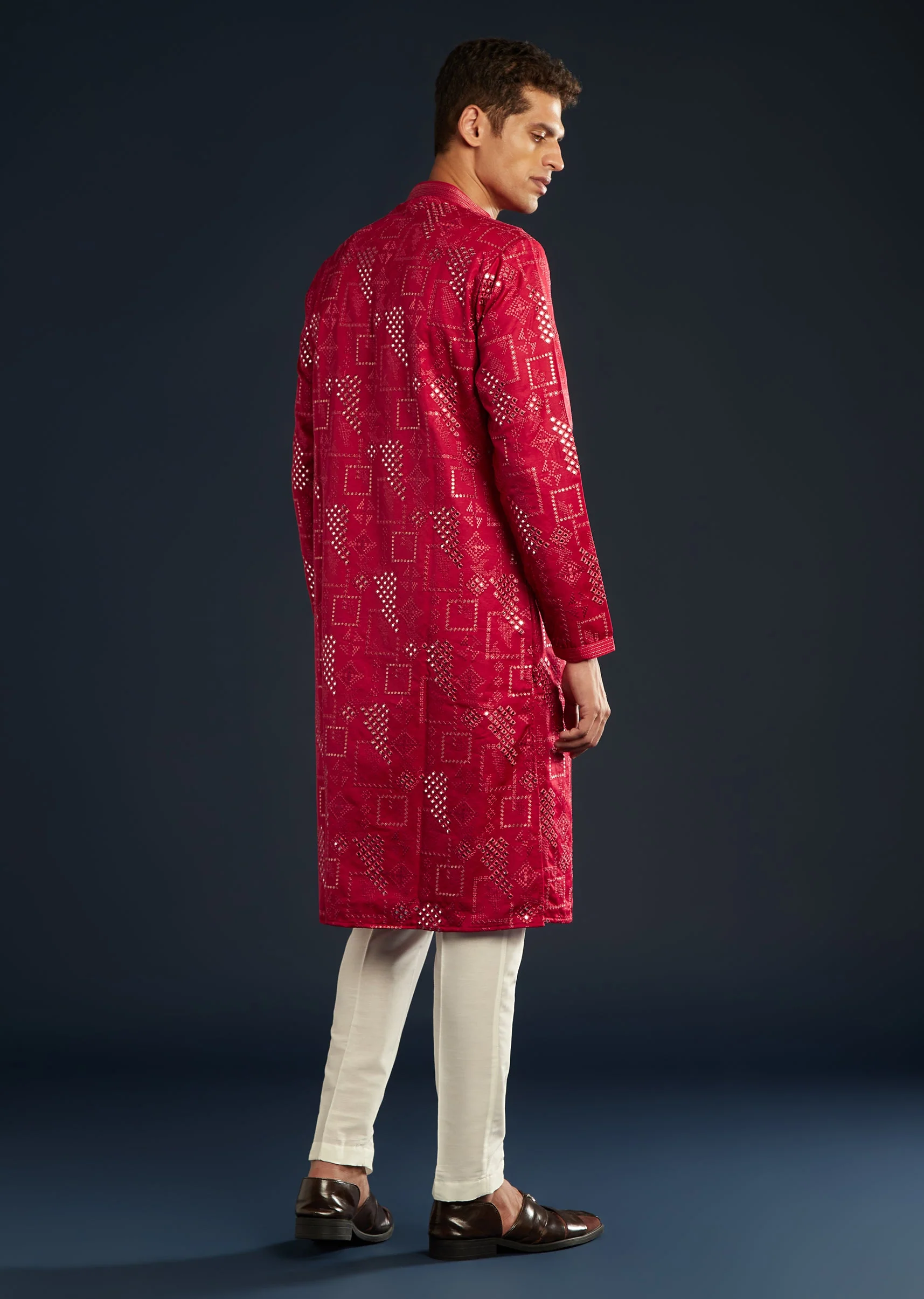 Red Mens Silk Abla Work Kurta Set - Image 5