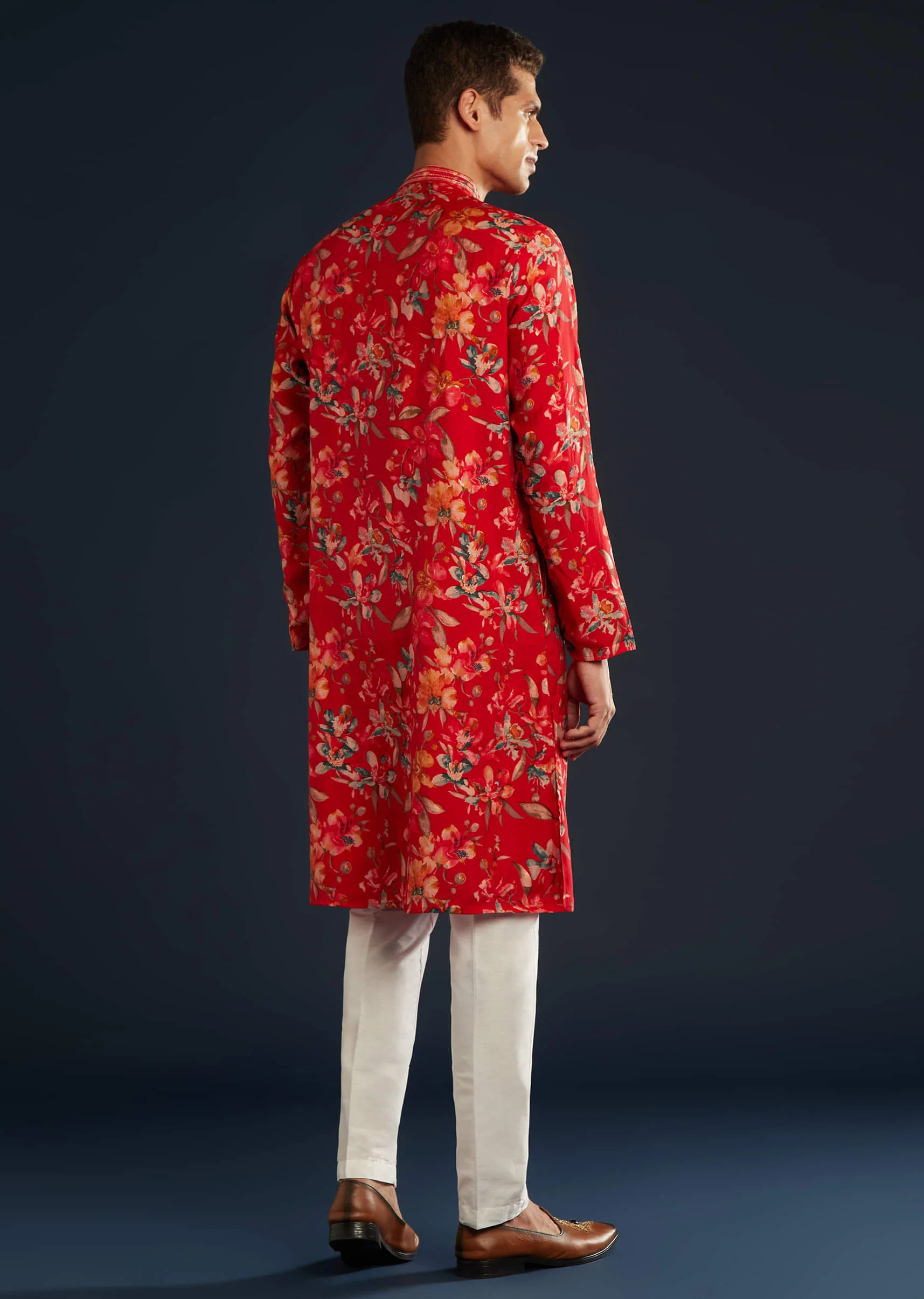 Red Mens Silk Kurta Set with Floral Prints - Image 3