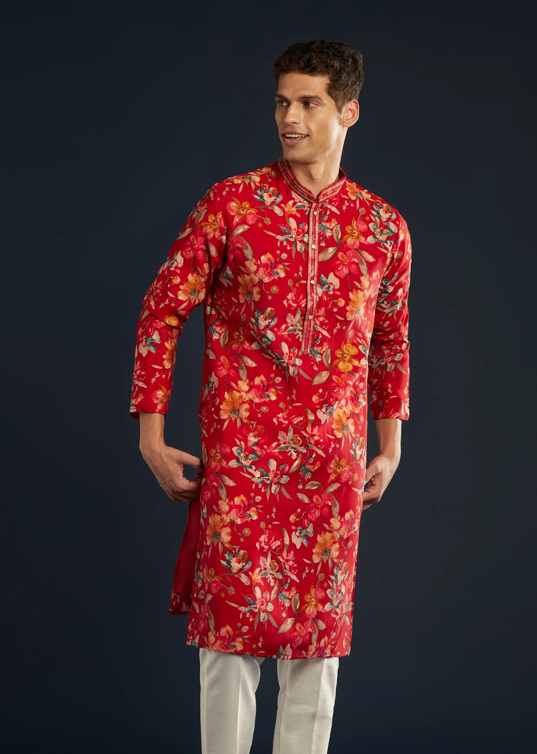 Red Mens Silk Kurta Set with Floral Prints - Image 4