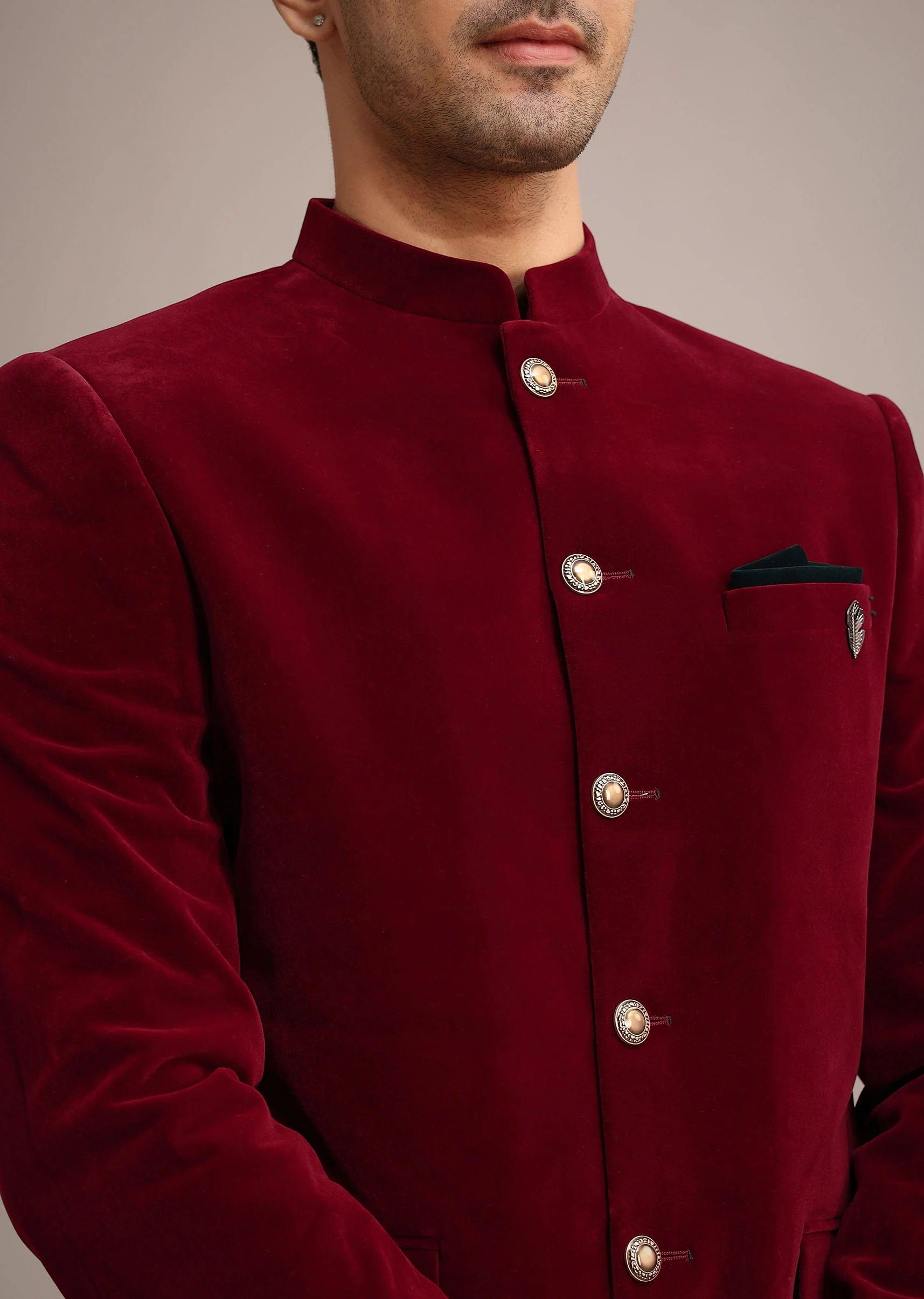 Red Micro Velvet Jodhpuri Set With Pocket Square - Image 2