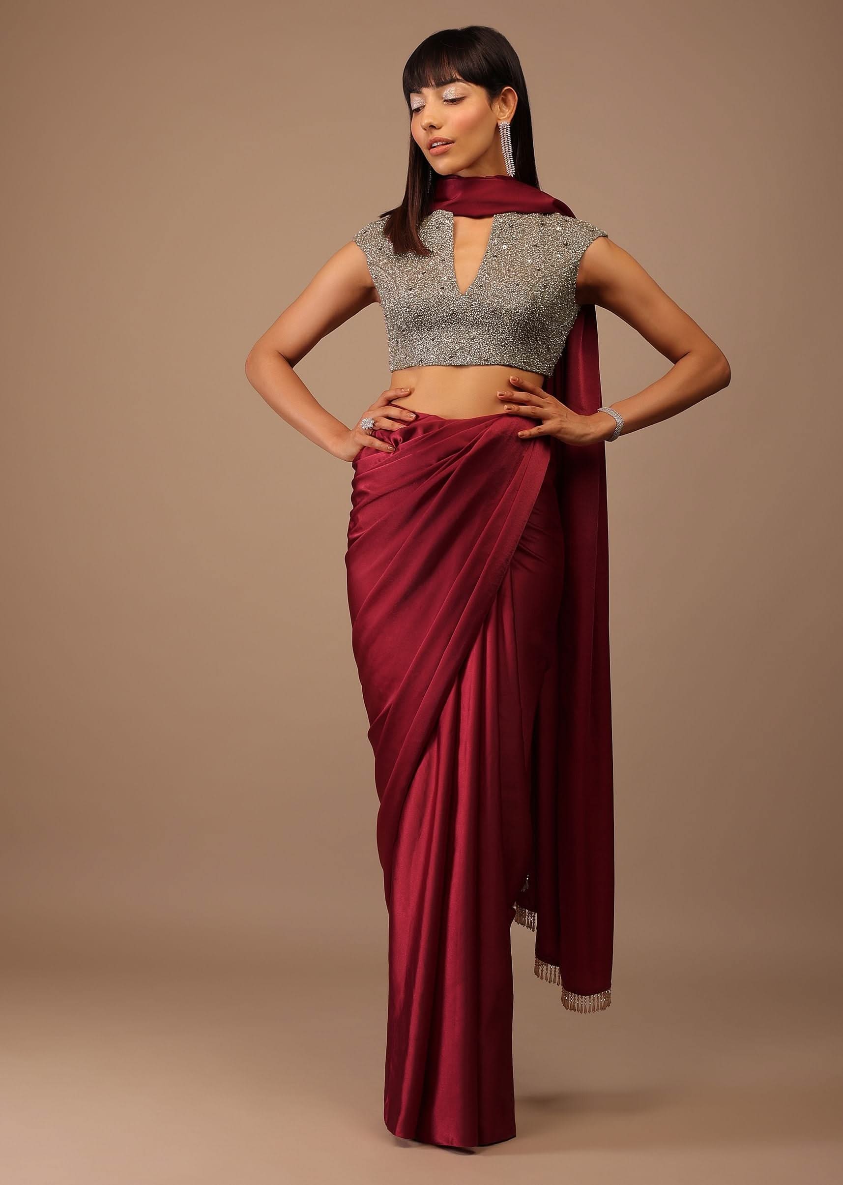 Valentine Red Milano Satin Saree With V Neck Hand Embroidered Crop Top - Image 5