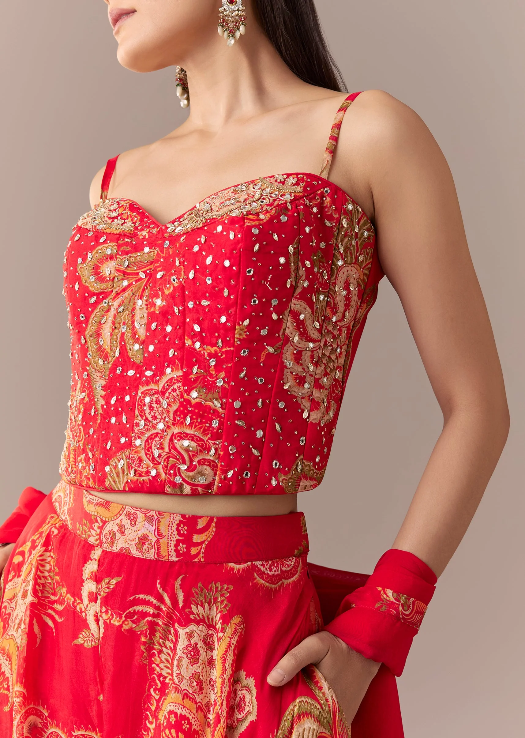 Red Mirror Work Corset Palazzo Set With Dupatta - Image 3