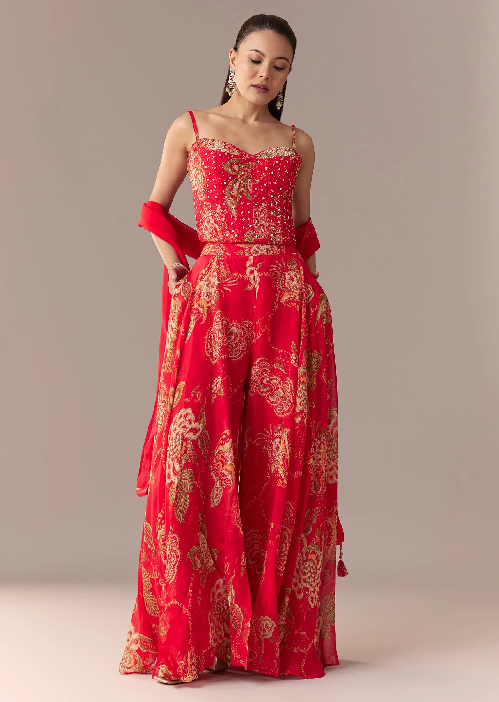 Red Mirror Work Corset Palazzo Set With Dupatta - Image 4