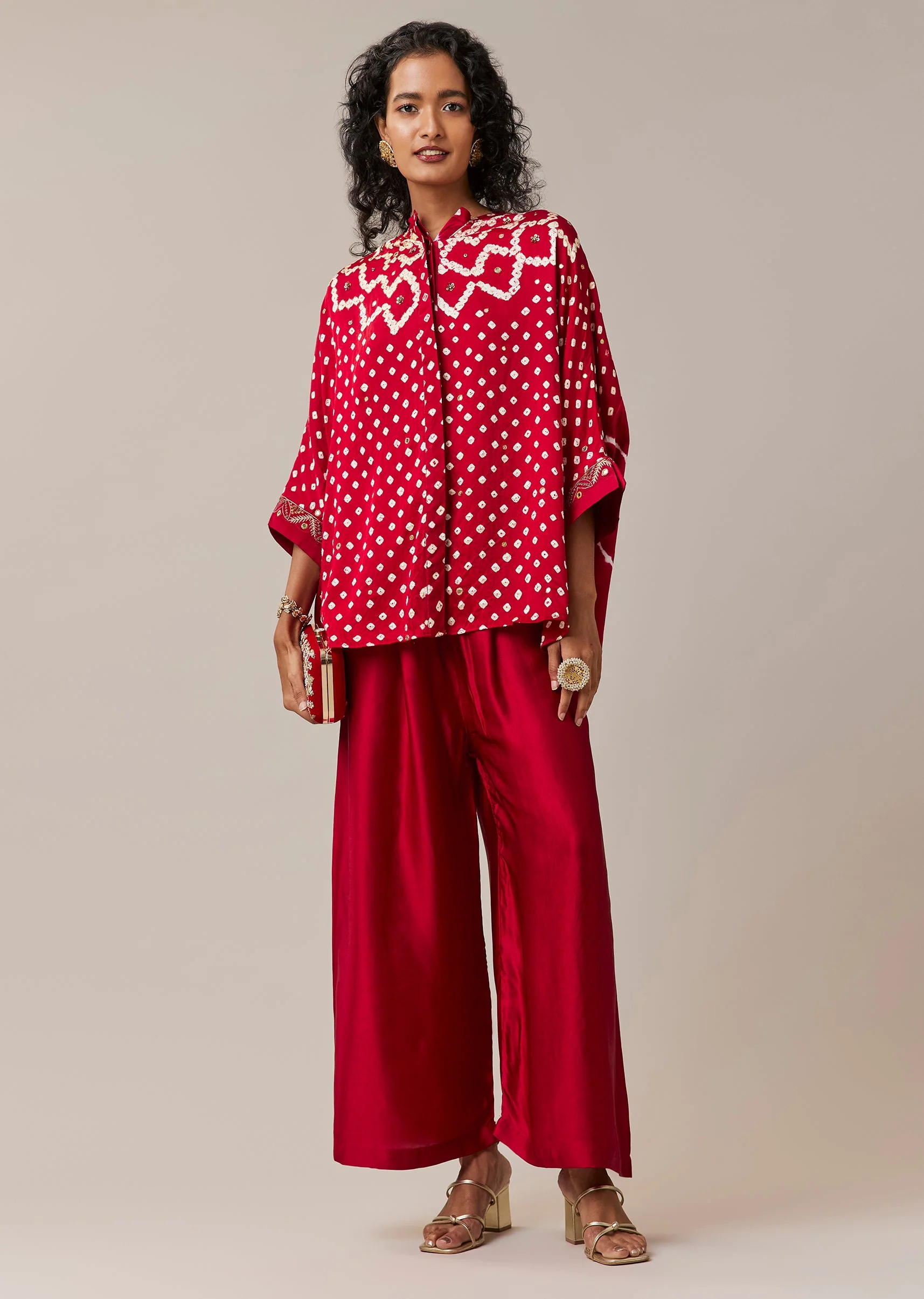 Red Mirror Work Hand Dyed Bandhani and Leheriya Co-ord Set