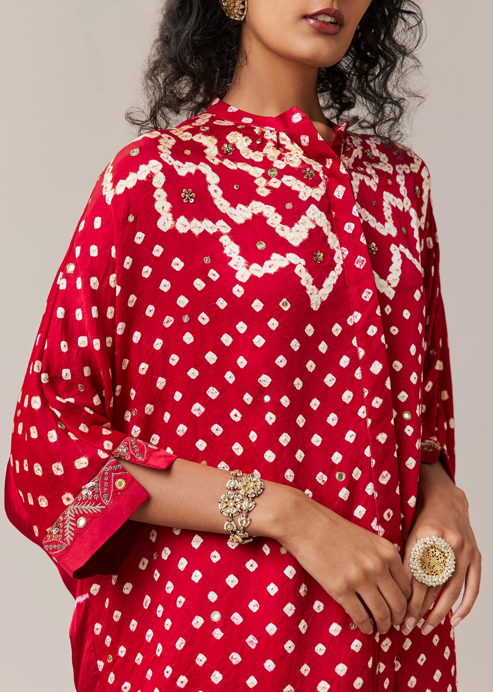 Red Mirror Work Hand Dyed Bandhani and Leheriya Co-ord Set - Image 4