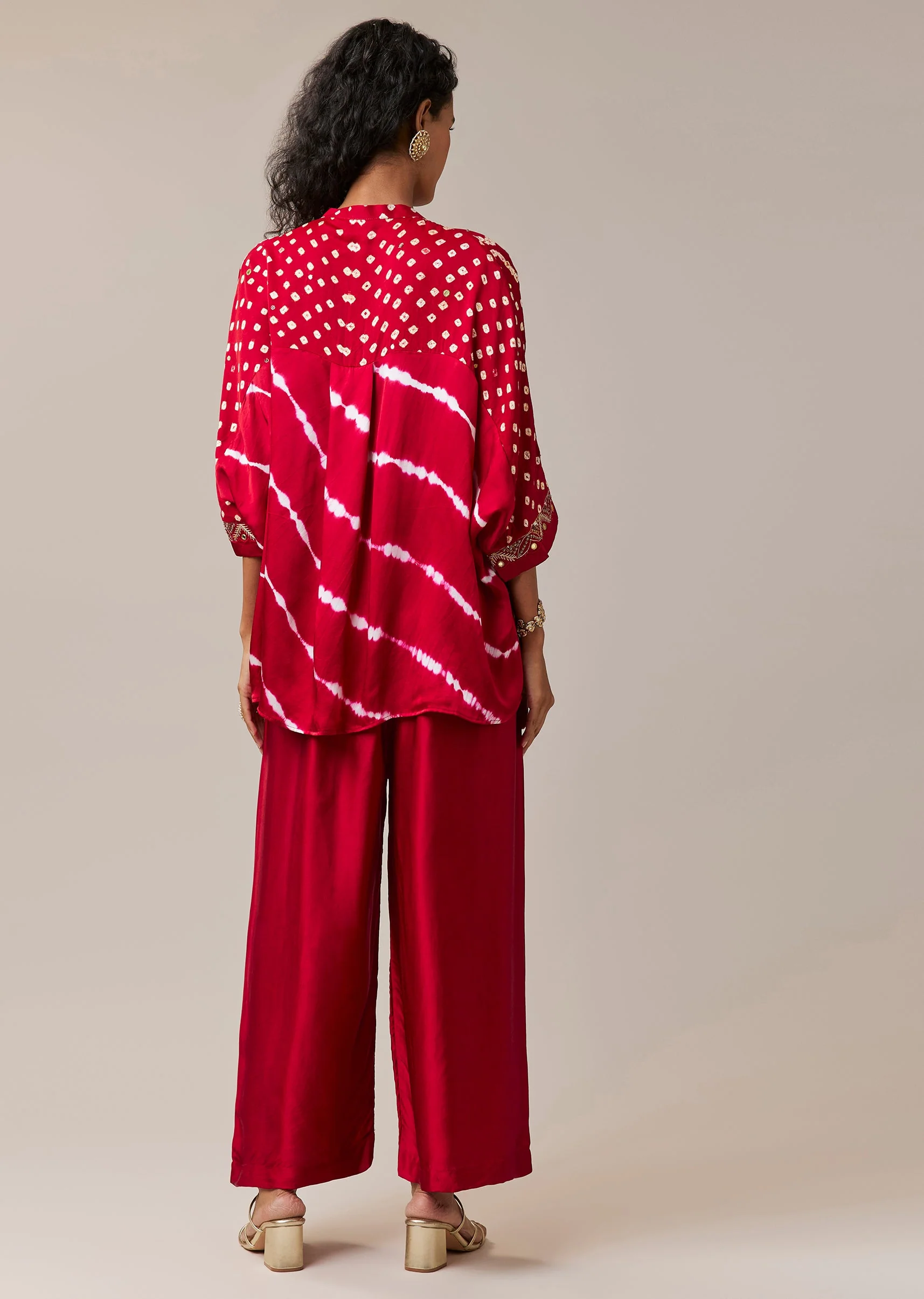 Red Mirror Work Hand Dyed Bandhani and Leheriya Co-ord Set - Image 5