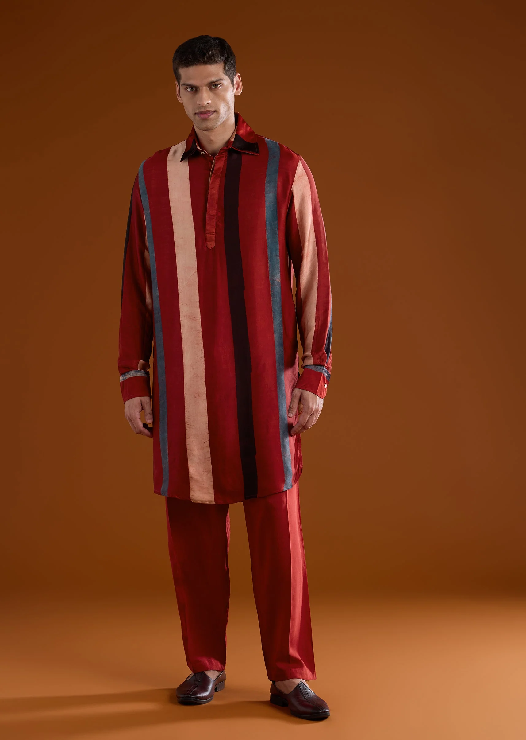 Red Modal Mens Kurta Set With Handblock Ajrakh