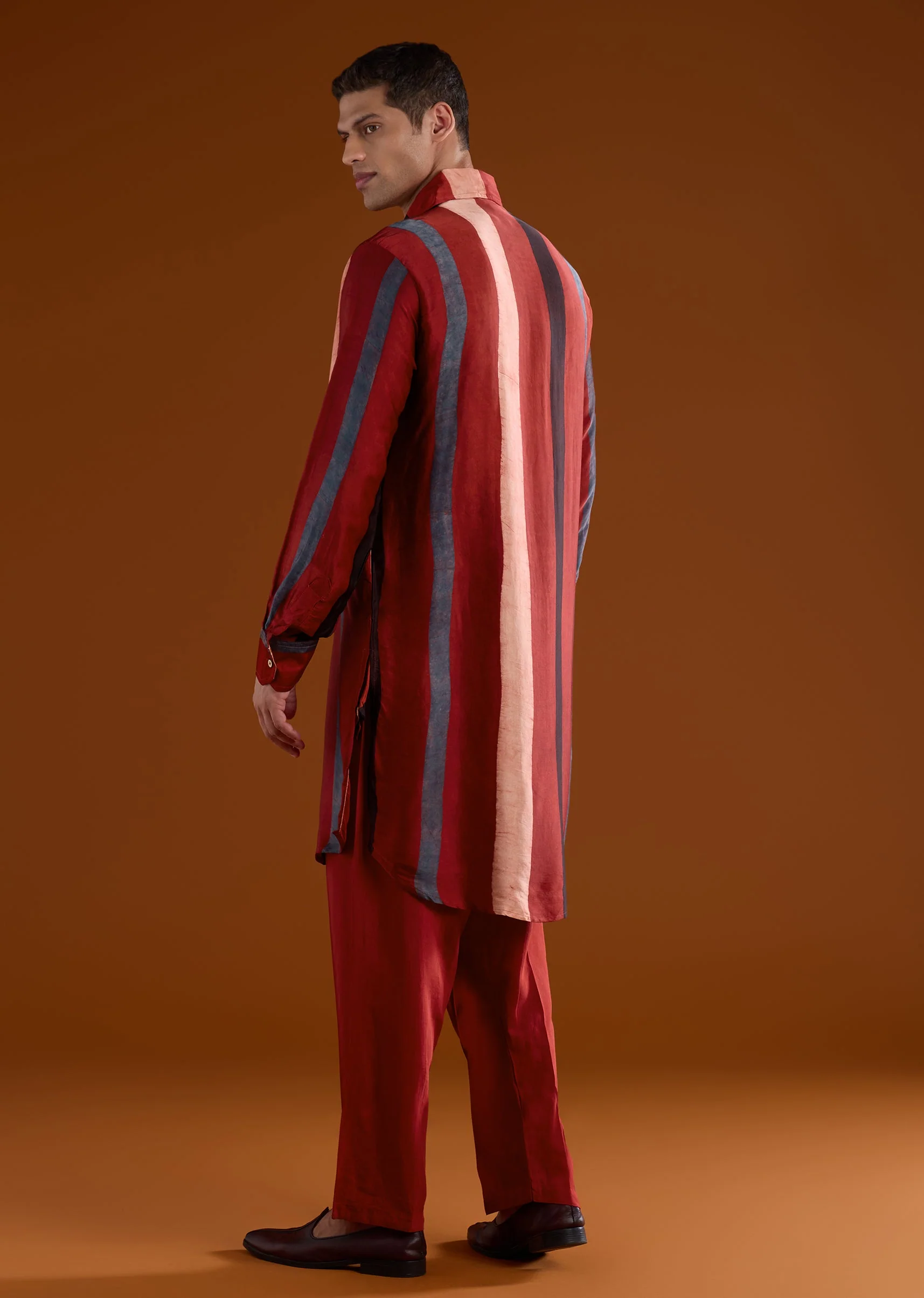 Red Modal Mens Kurta Set With Handblock Ajrakh - Image 5