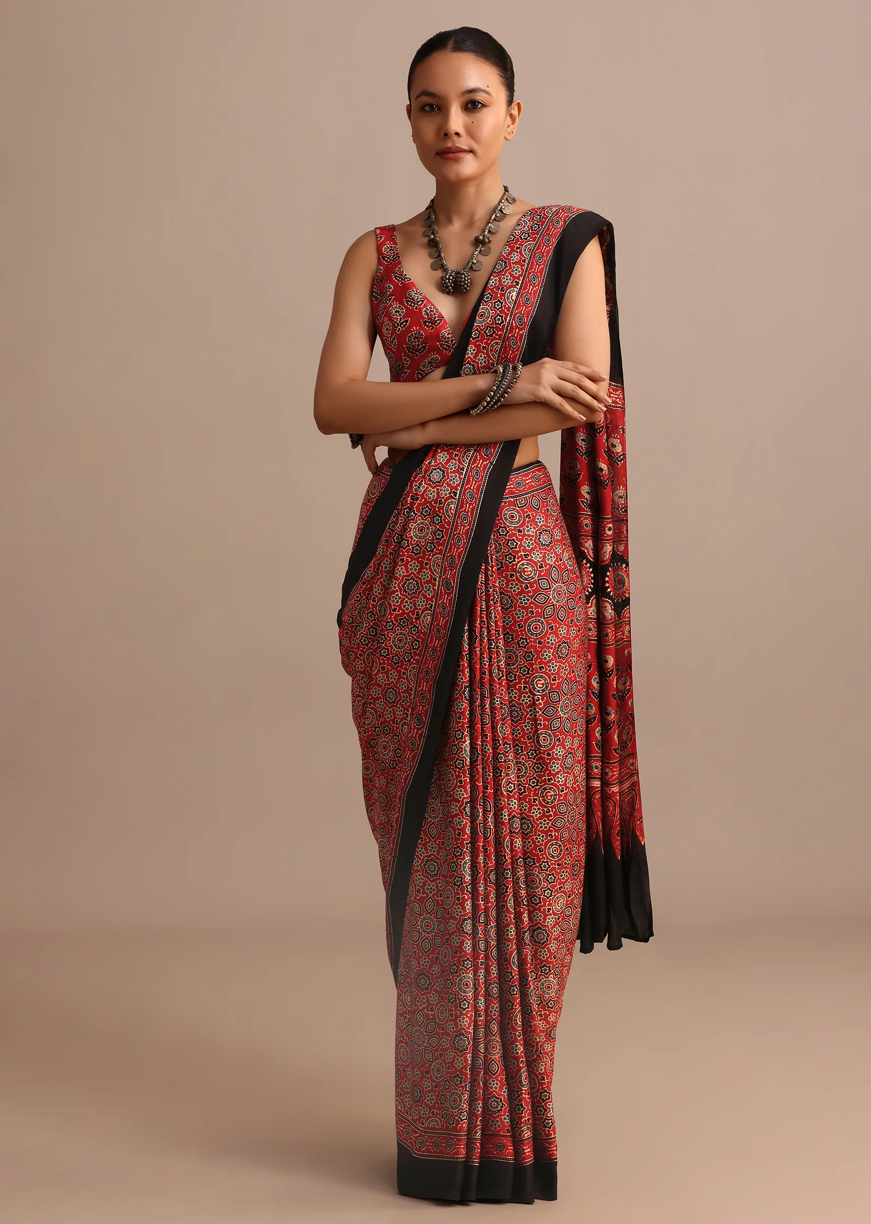 Red Modal Satin Ajrakh Handblock Printed Saree - Image 3