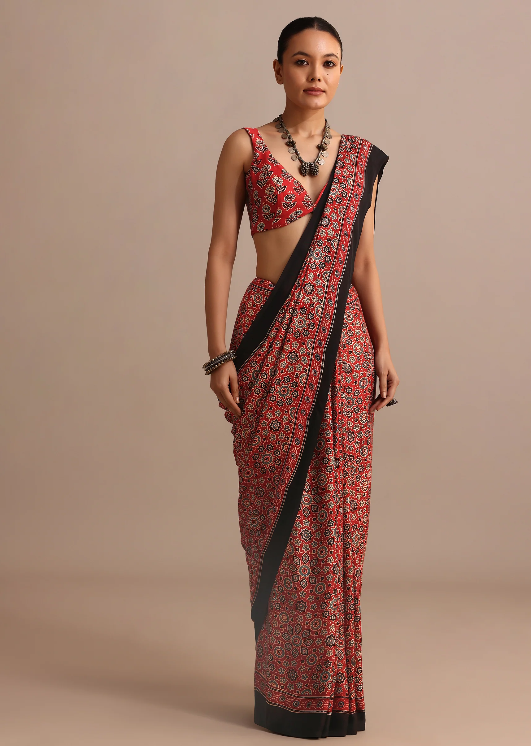 Red Modal Satin Ajrakh Handblock Printed Saree - Image 5