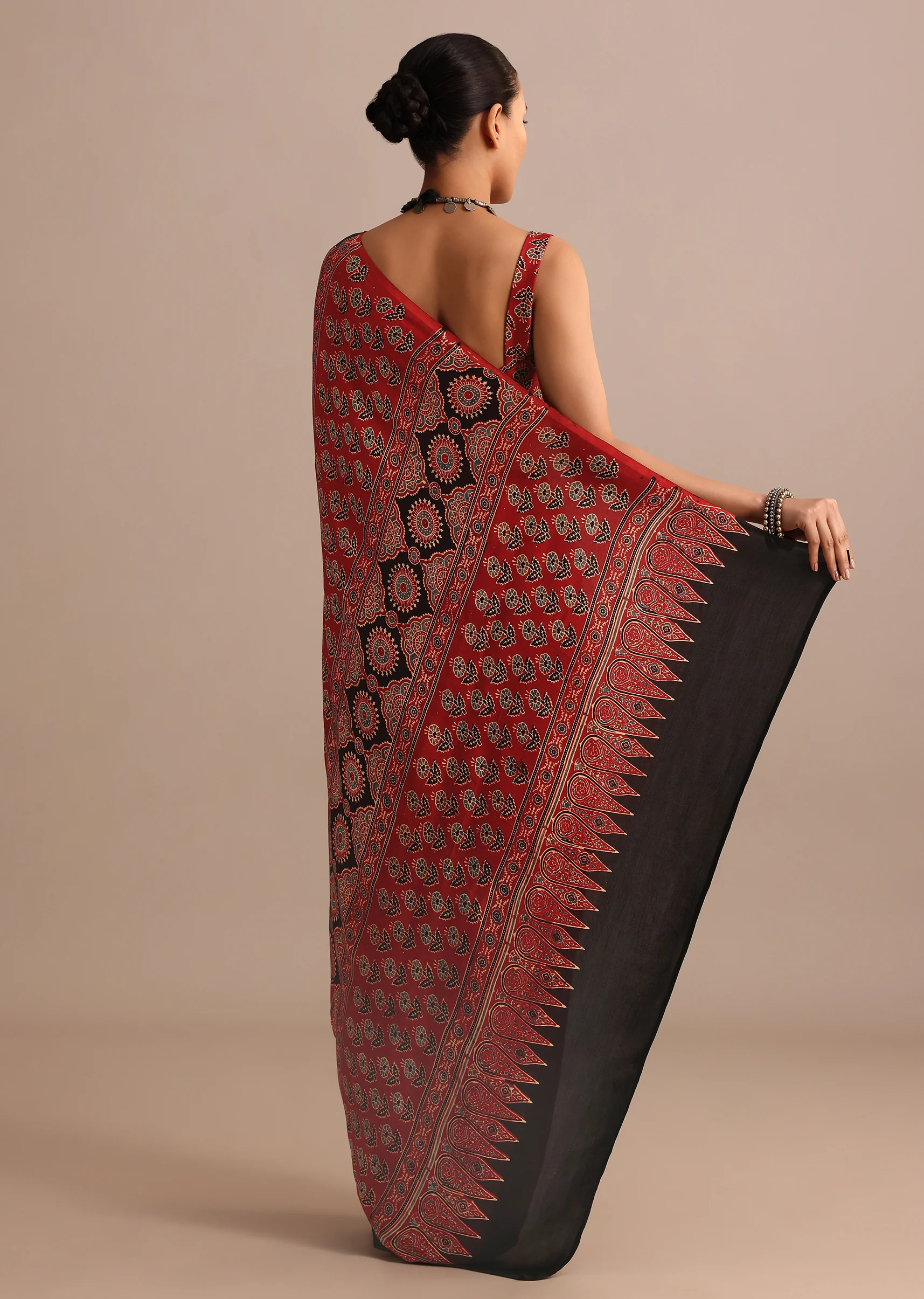 Red Modal Satin Ajrakh Handblock Printed Saree - Image 6