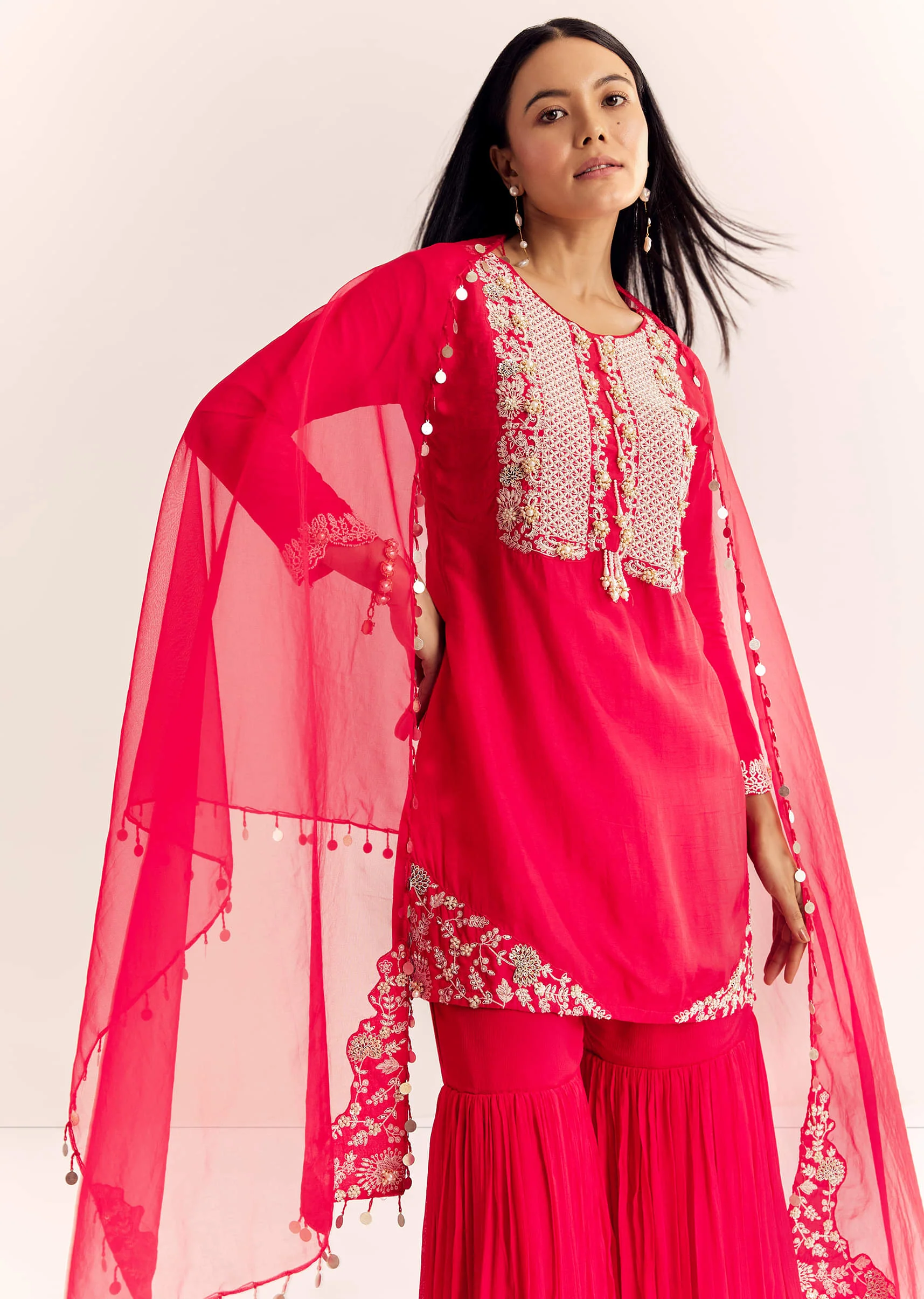 Red Moti Threadwork Dola Silk Sharara Suit With Organza Dupatta