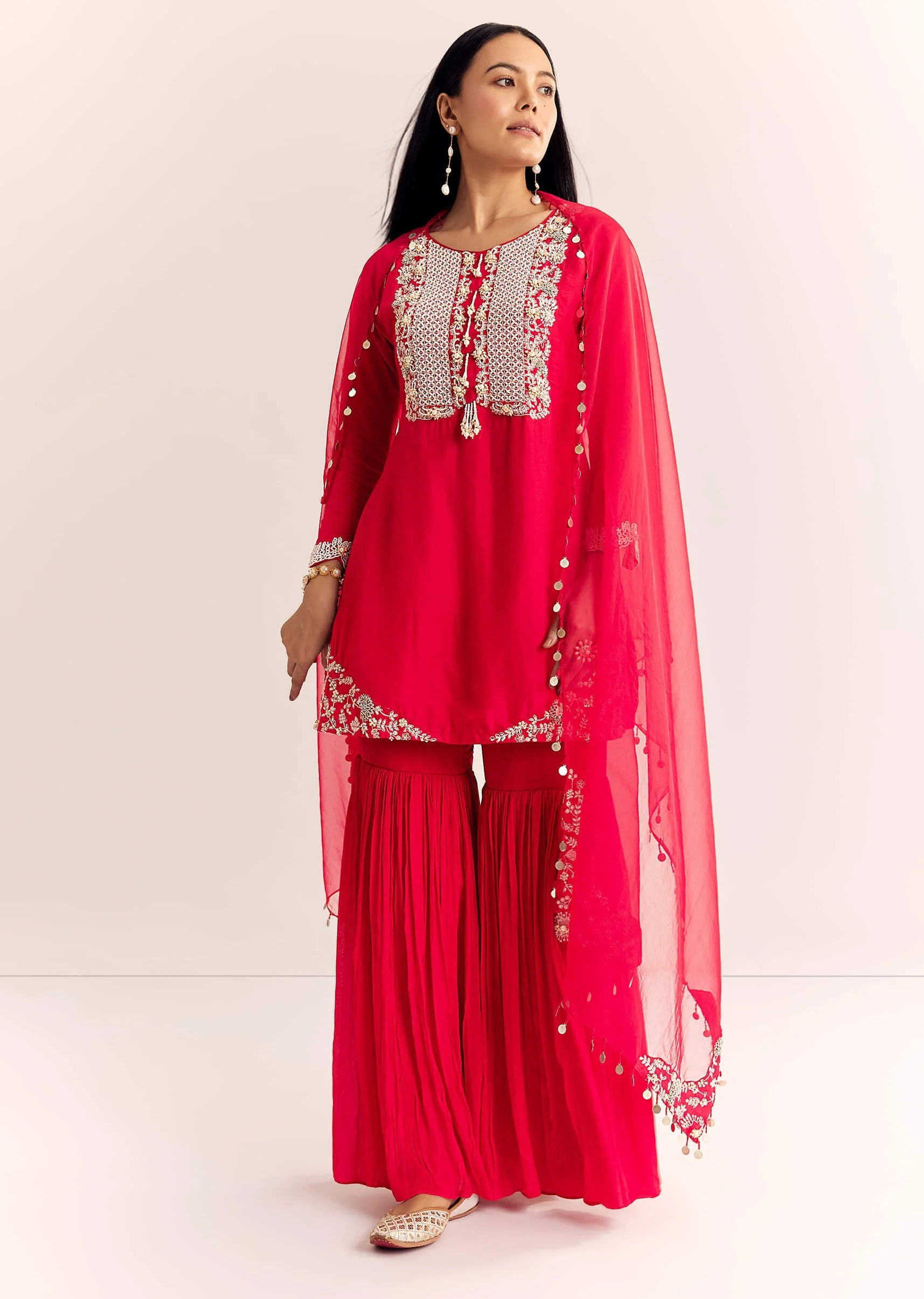 Red Moti Threadwork Dola Silk Sharara Suit With Organza Dupatta - Image 4